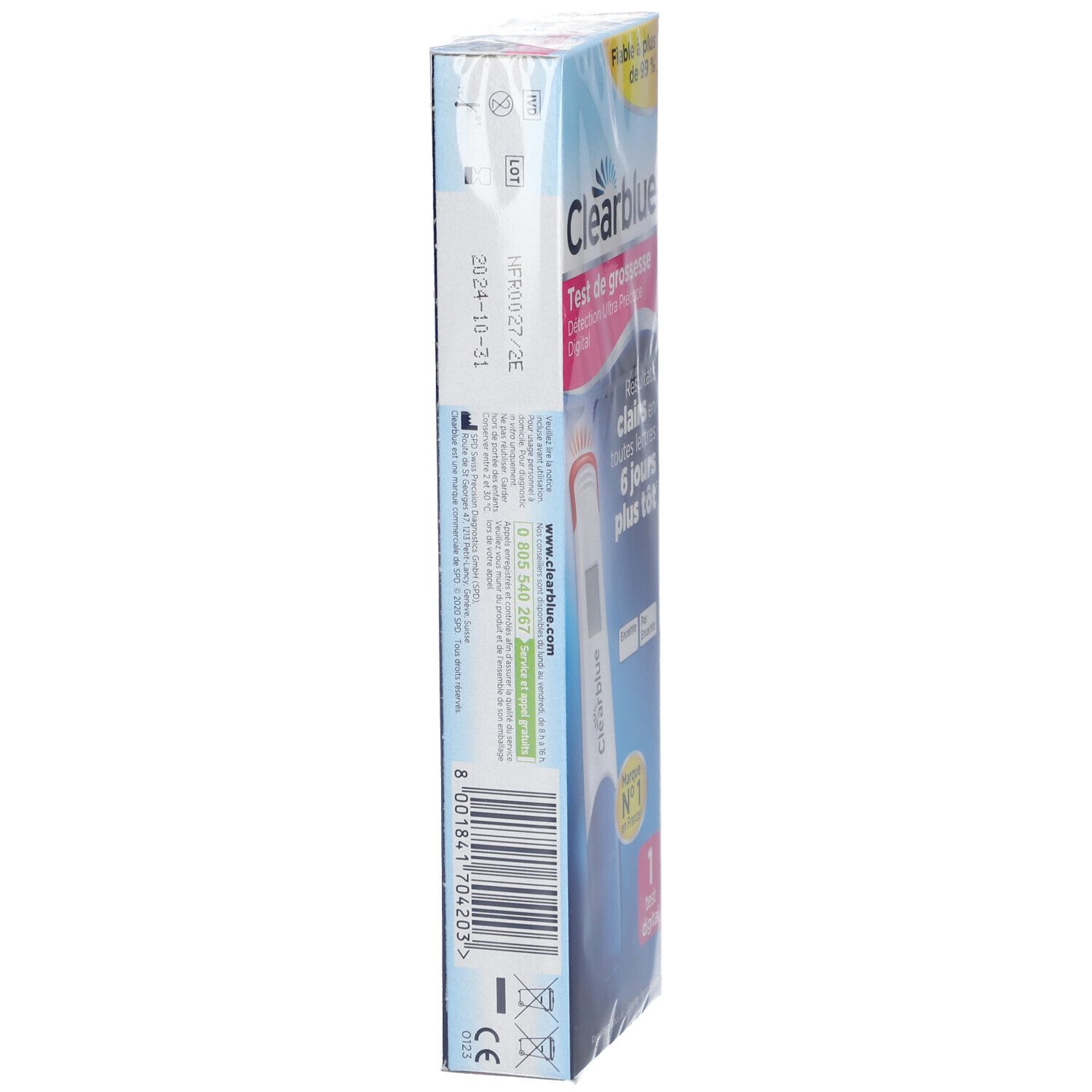 Vue latérale de la boîte de test de grossesse. Texte et code-barres visibles. Emballage sous film plastique.