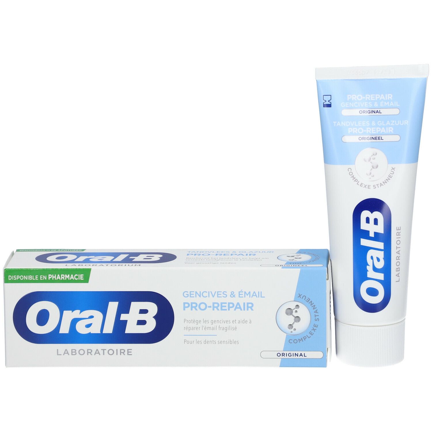 Tube de dentifrice et boîte. Boîte avec inscription: Oral-B Laboratoire, Gencives & Email Pro-Repair, Original.