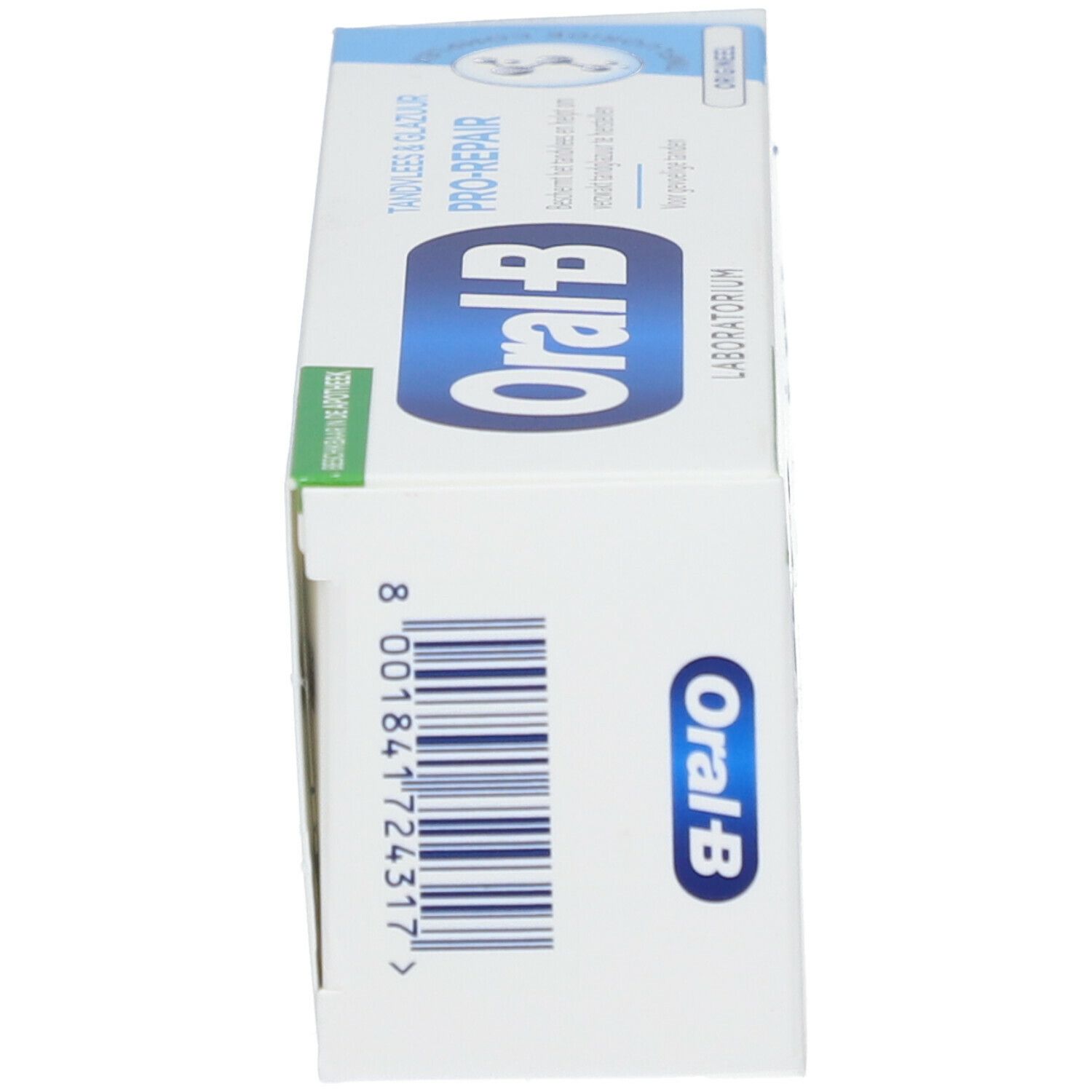 Boîte avec inscription: Oral-B Laboratoire, Gencives & Email Pro-Repair, Original. Code-barres et informations produit.