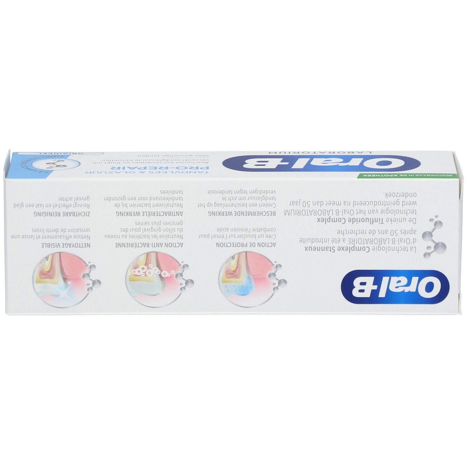 Boîte avec illustrations et texte: Oral-B Laboratoire, Gencives & Email Pro-Repair. Avantages du produit illustrés.