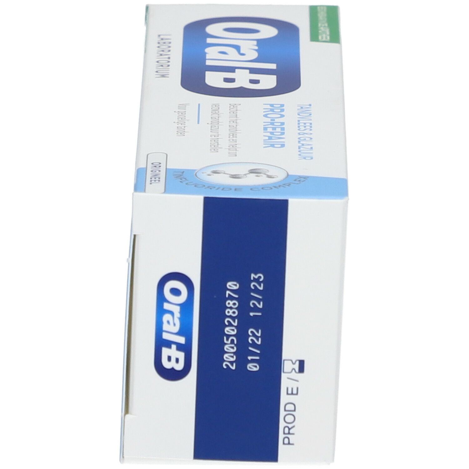 Boîte avec informations produit: Oral-B Laboratoire, Gencives & Email Pro-Repair. Numéro de lot et date de péremption.