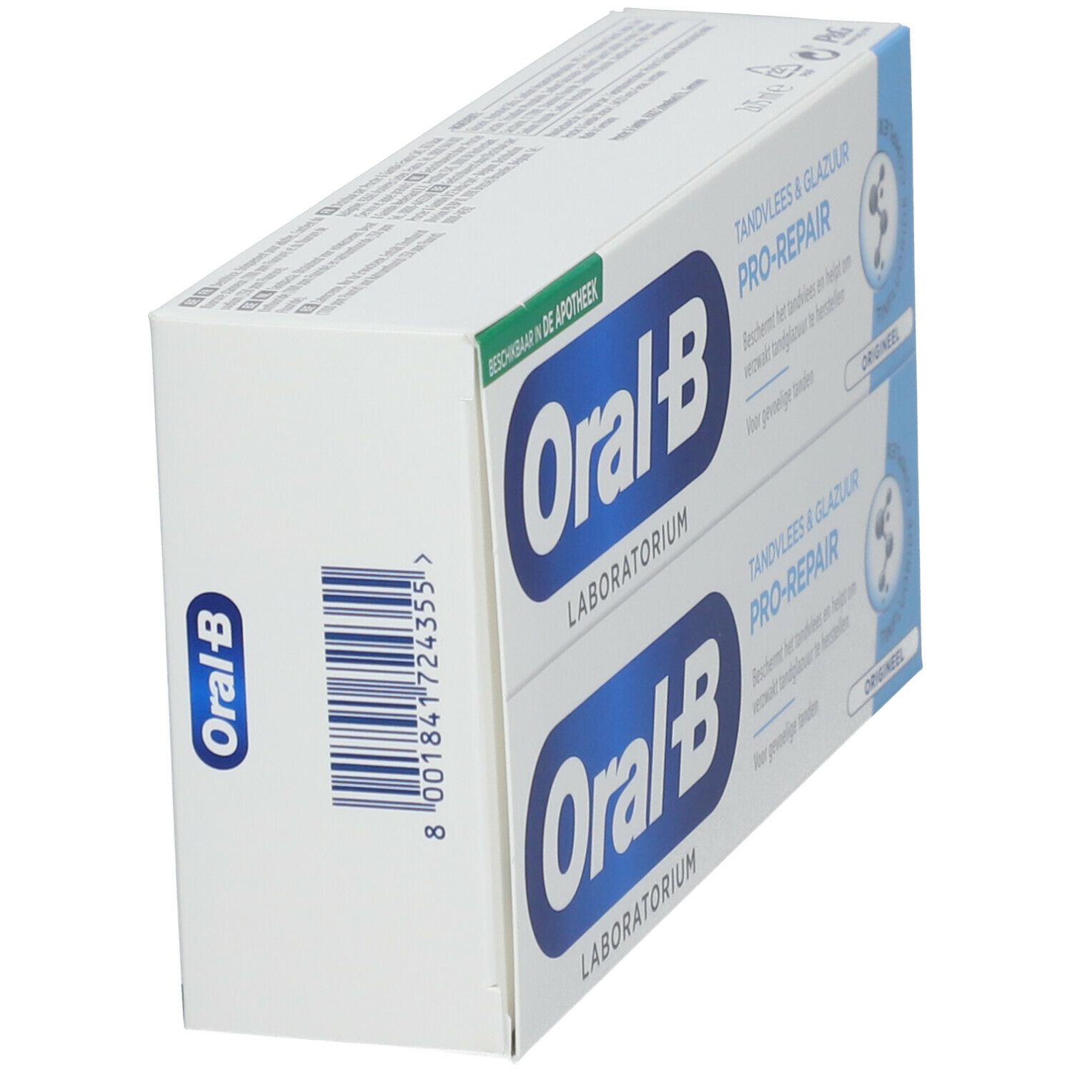 Boîte de deux tubes de dentifrice. Sur le côté: Oral-B Laboratoire. Code-barres. Emballage blanc avec des accents bleus.