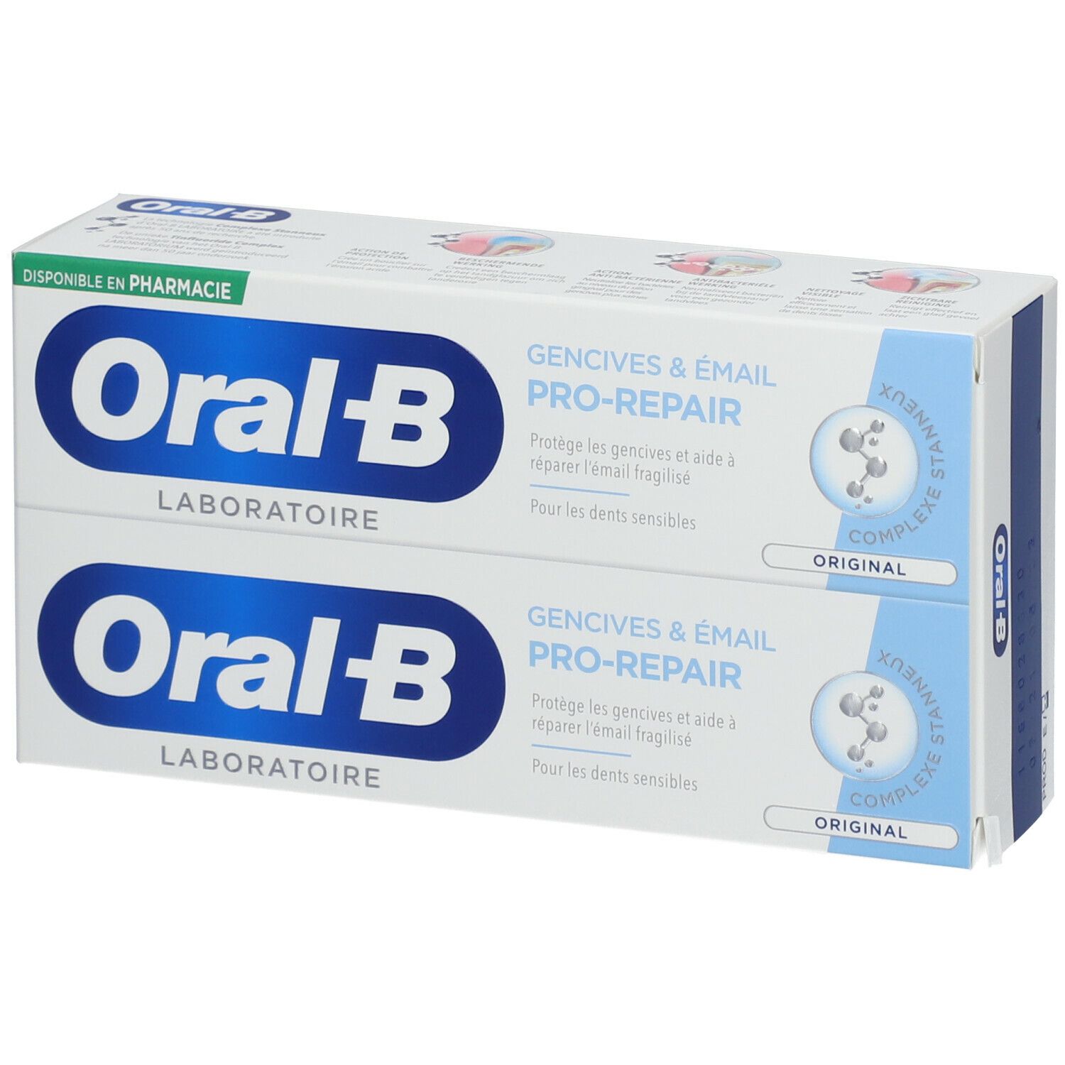 Deux tubes de dentifrice dans une boîte. Inscription: Oral-B Laboratoire Gencives & Email Pro-Repair. Emballage bleu et blanc.