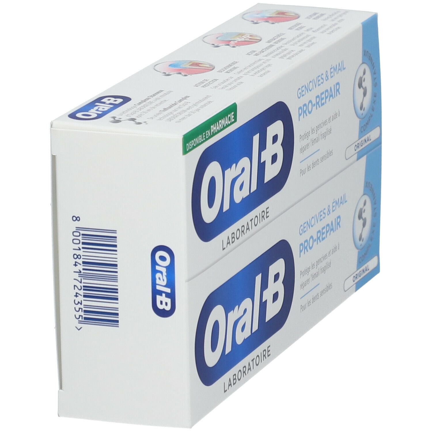 Boîte de deux tubes de dentifrice. Sur le côté: Oral-B Laboratoire. Code-barres. Emballage blanc avec des accents bleus.