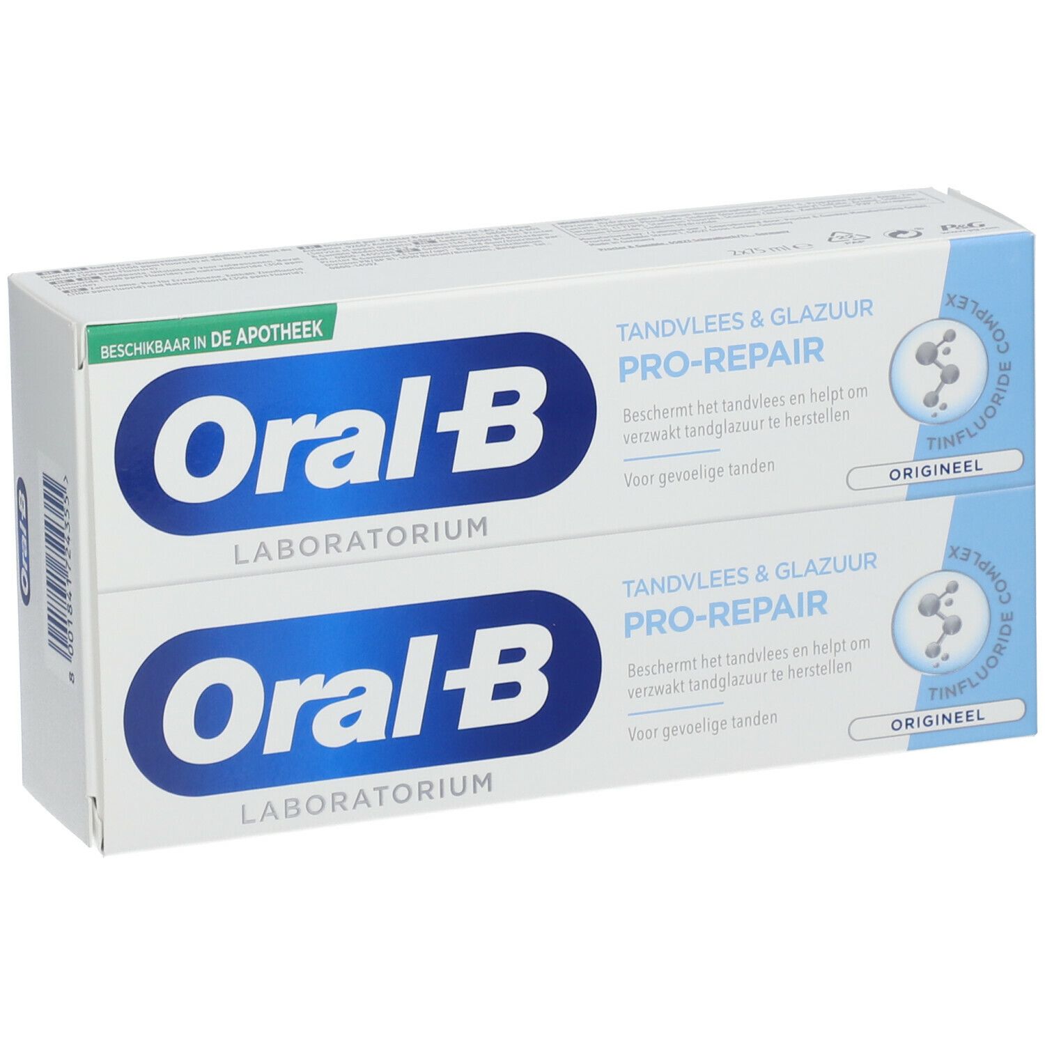 Deux tubes de dentifrice dans une boîte. Inscription: Oral-B Laboratoire Pro-Repair. Emballage bleu et blanc.