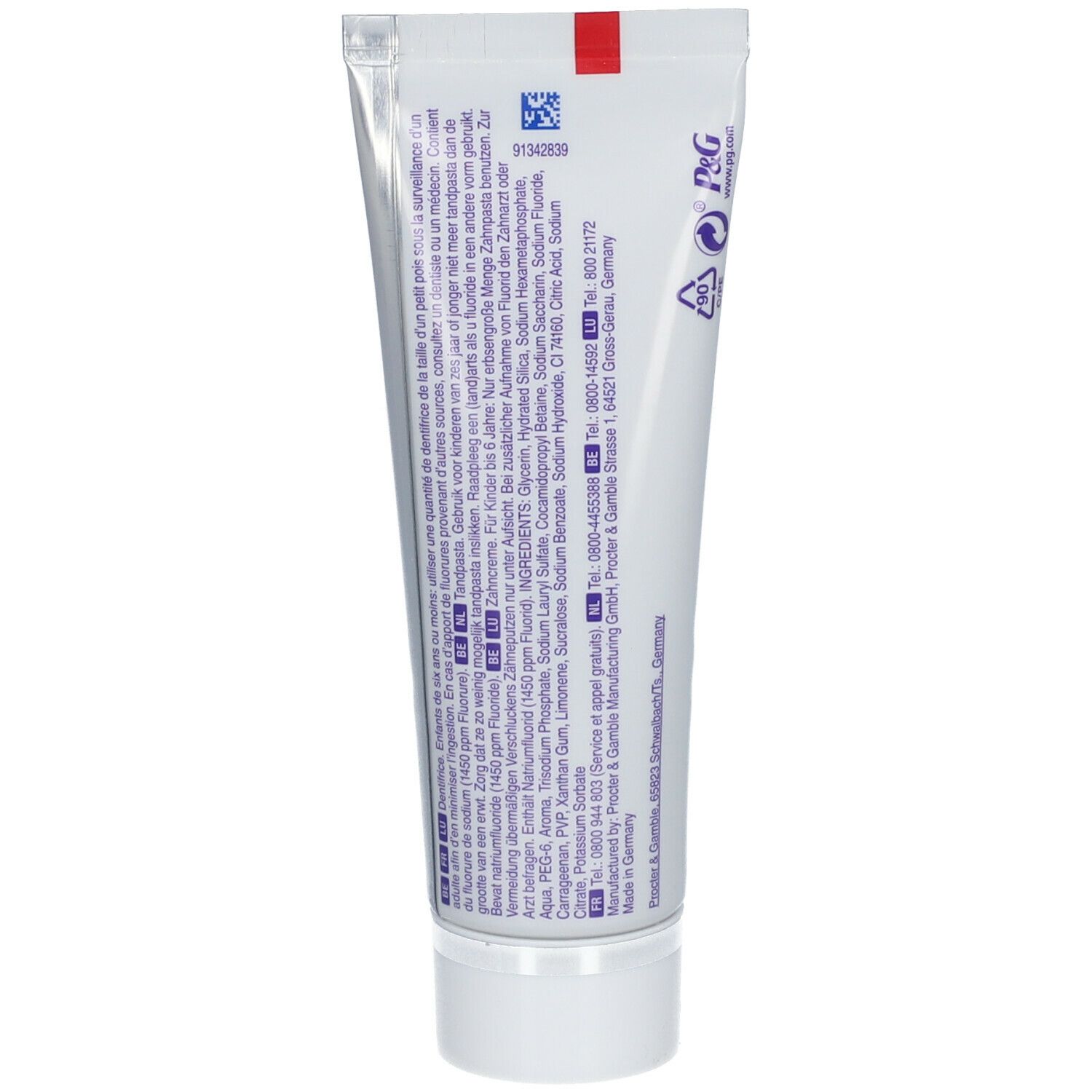Tube de dentifrice blanche avec texte. Ingrédients et informations du fabricant au dos. Bande rouge en haut.