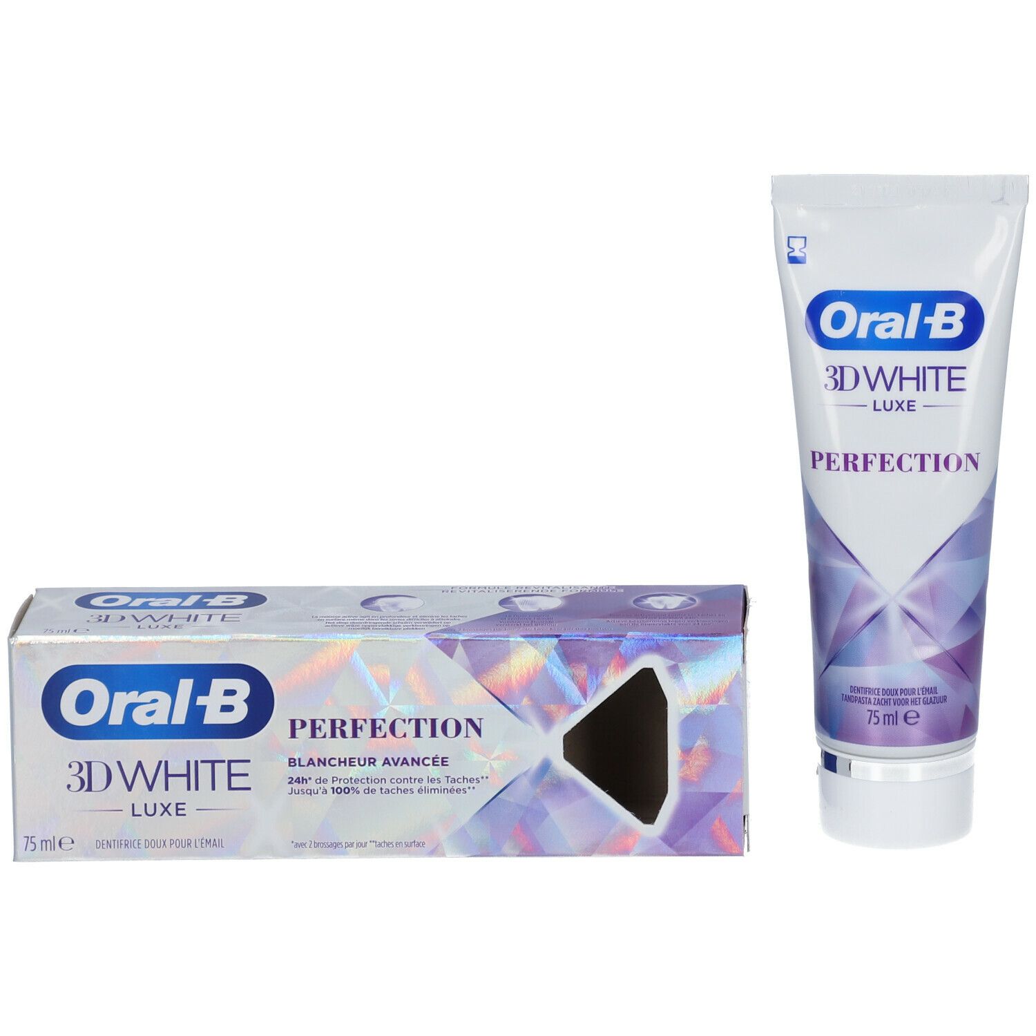 Dentifrice et emballage. Tube et boîte avec nom et logo du produit. 75ml. Design blanc et violet.