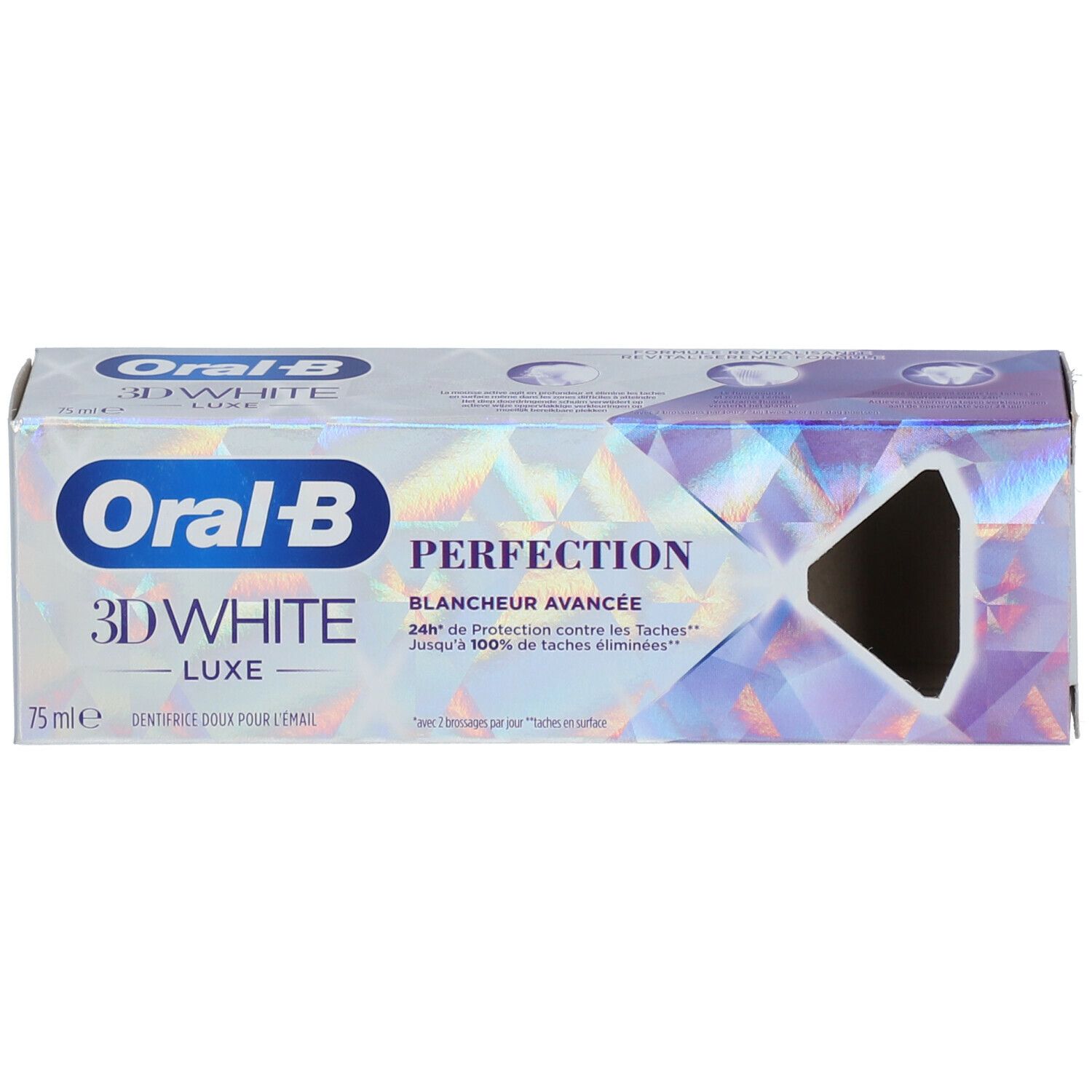 Emballage de dentifrice. Boîte avec nom et logo du produit. 75ml. Design blanc et violet.