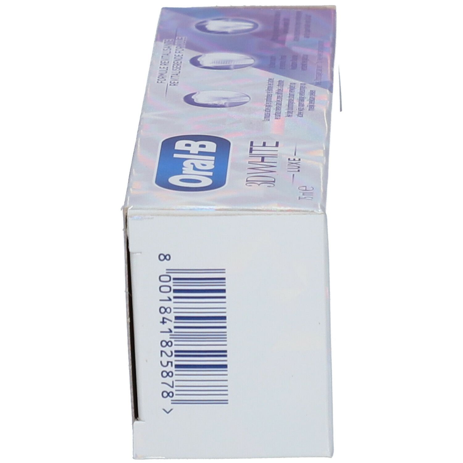 Emballage de dentifrice, vue latérale. Code-barres et informations sur le produit. Blanc avec logo bleu.