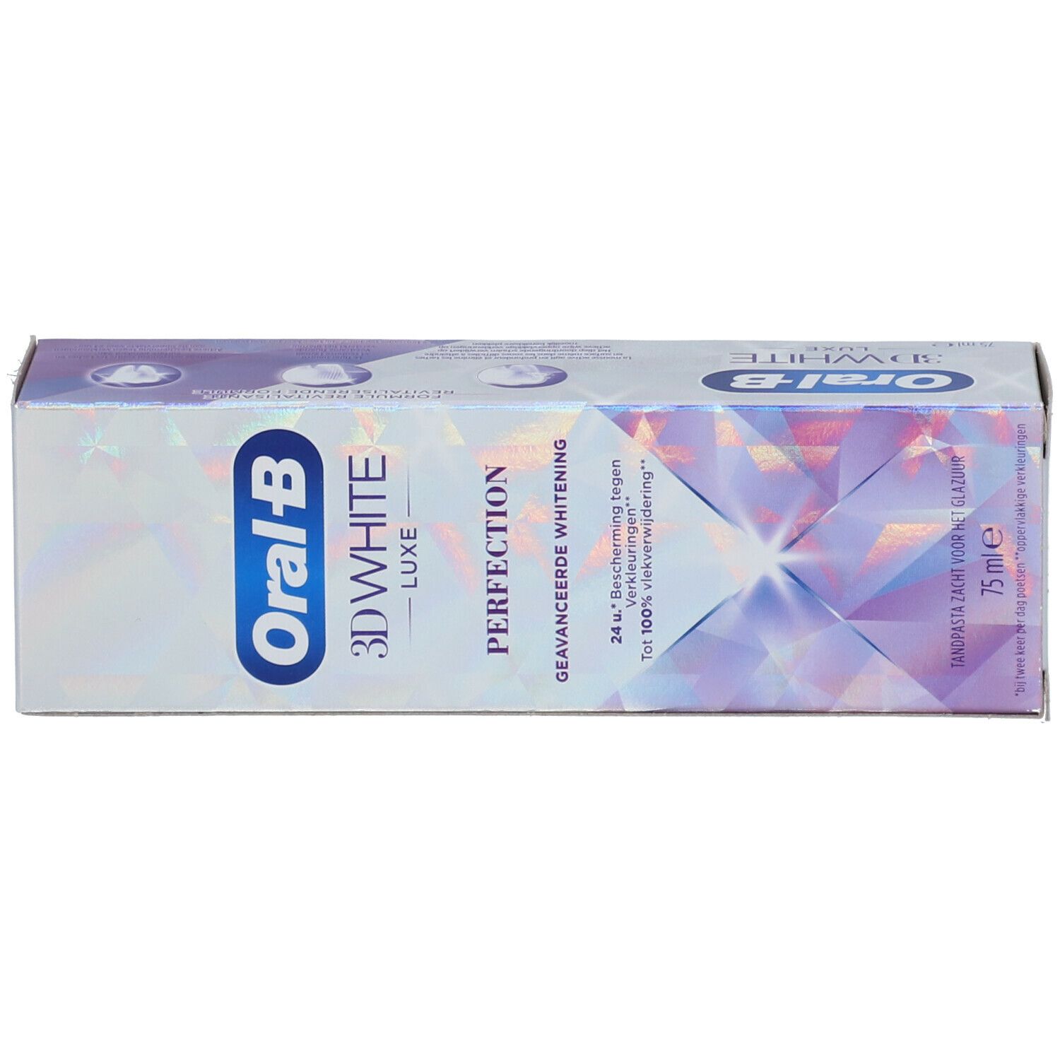 Emballage de dentifrice. Boîte avec nom et logo du produit. 75ml. Design blanc et violet.