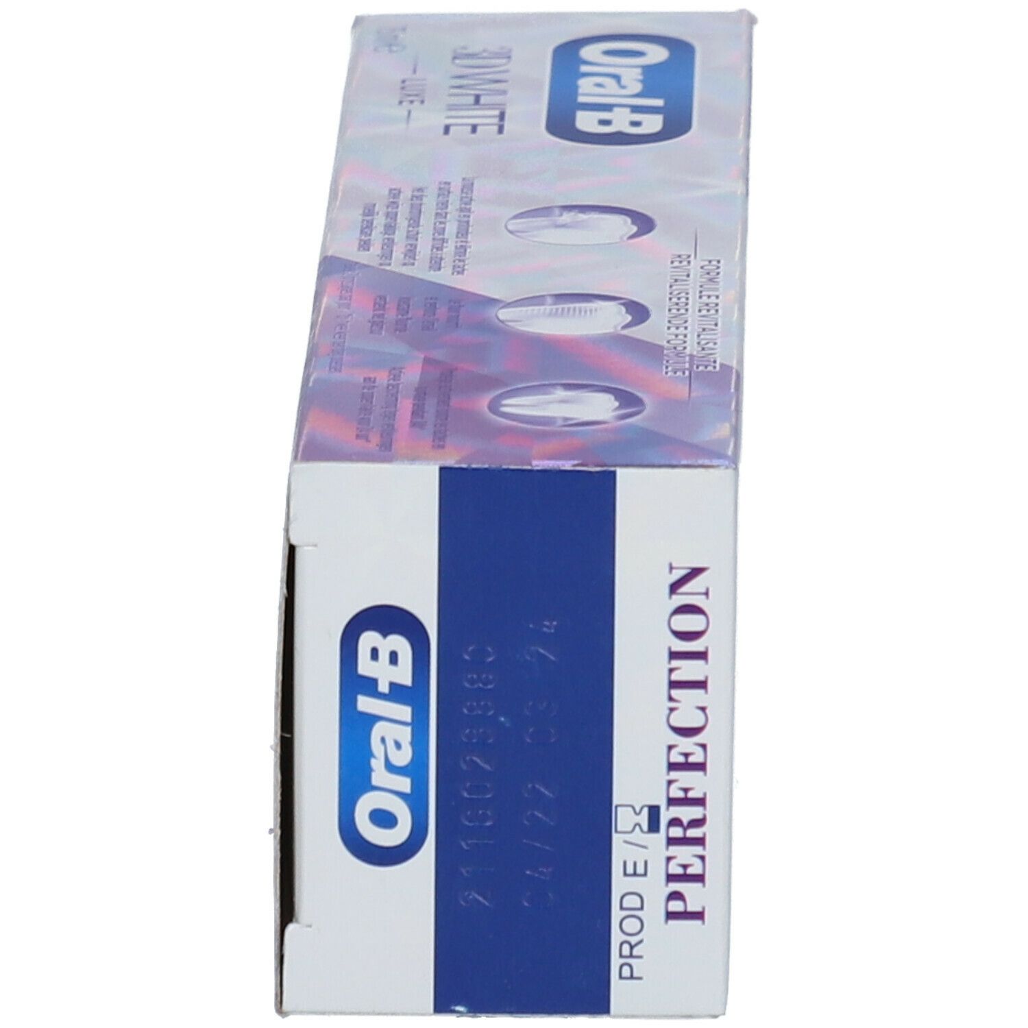 Emballage de dentifrice, vue latérale. Nom du produit et numéro de lot. Blanc avec logo bleu.