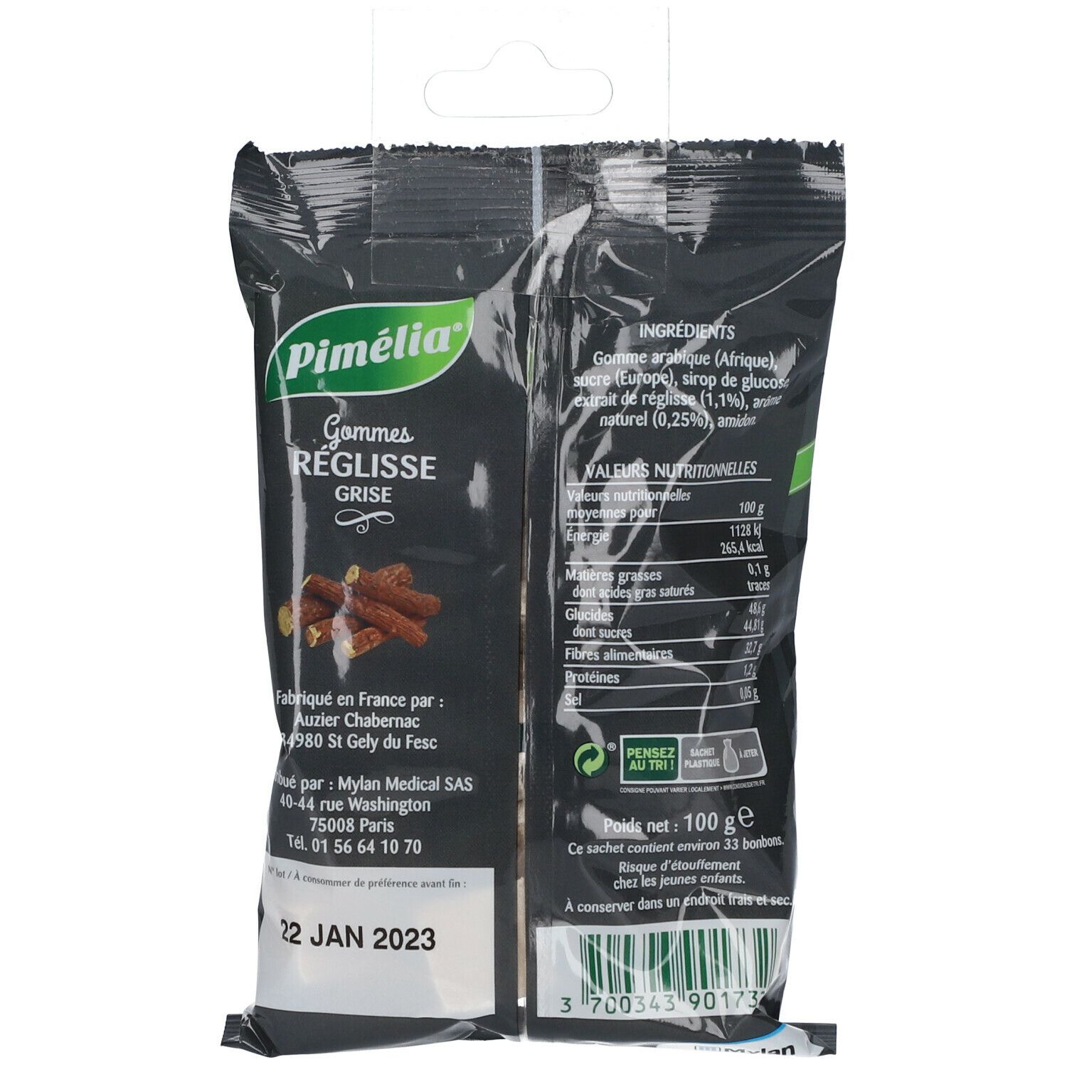 Dos du sachet de gommes réglisse. Contient informations nutritionnelles et liste des ingrédients. Date limite.