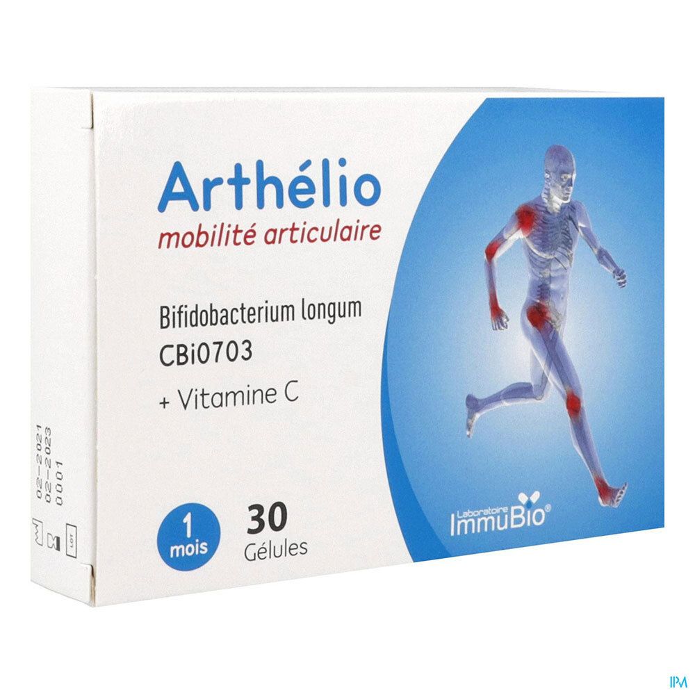 Boîte Arthelio, 30 gélules. Inscription: Mobilité articulaire, Bifidobacterium longum, Vitamine C. Logo ImmuBio. Date d'expiration.