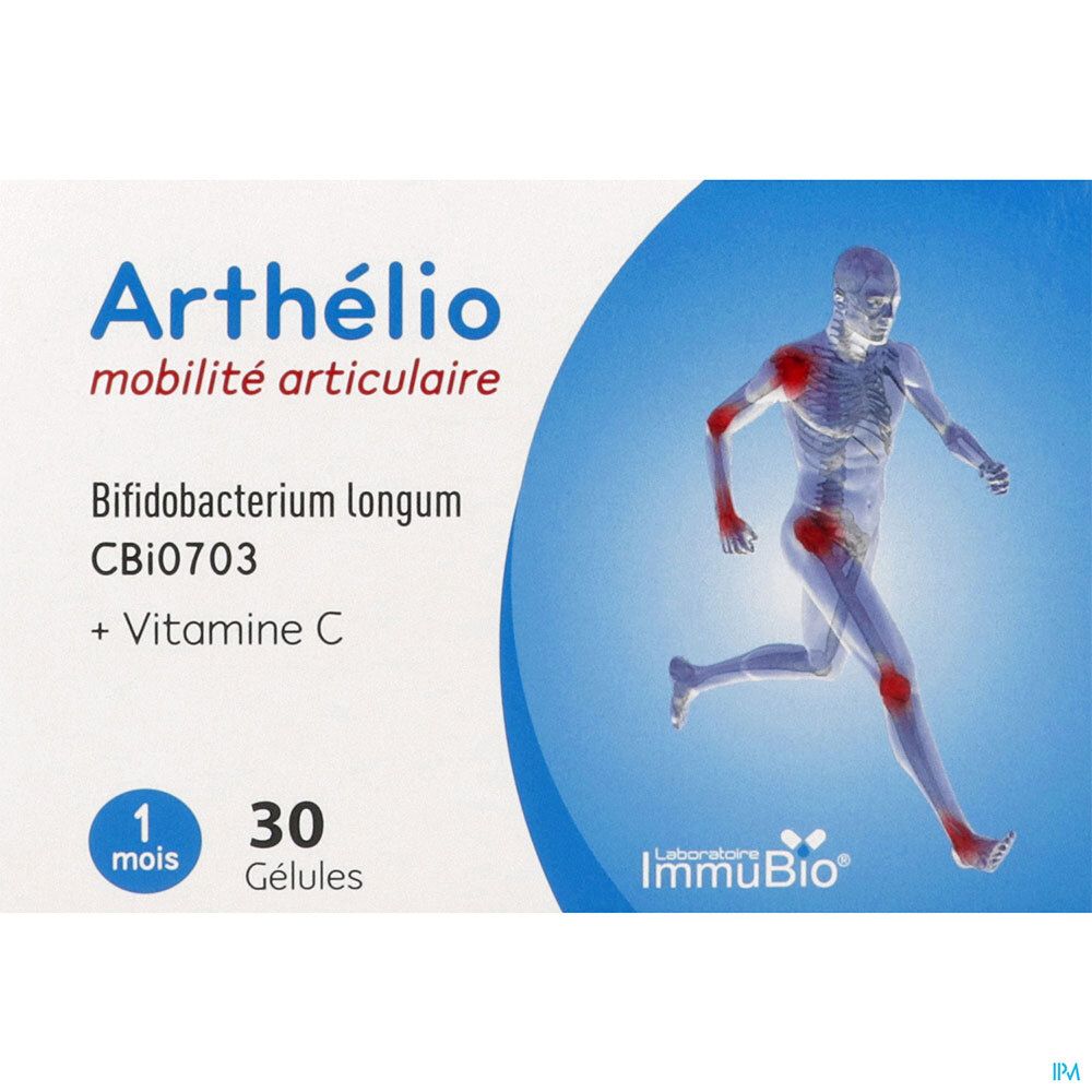 Emballage Arthelio, 30 gélules. Inscription: Mobilité articulaire, Bifidobacterium longum, Vitamine C. Logo ImmuBio. Illustration d'un coureur.