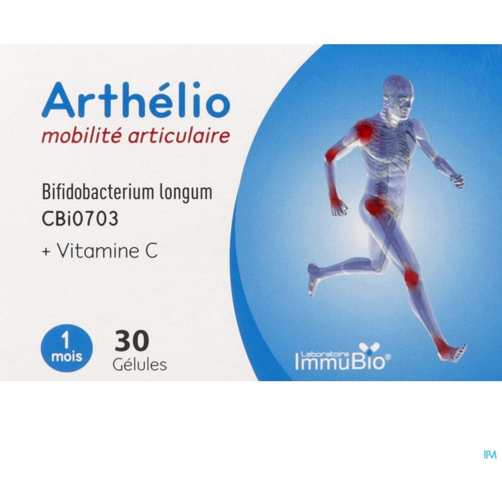 Emballage Arthelio, 30 gélules. Inscription: Mobilité articulaire, Bifidobacterium longum, Vitamine C. Logo ImmuBio. Illustration d'un coureur.