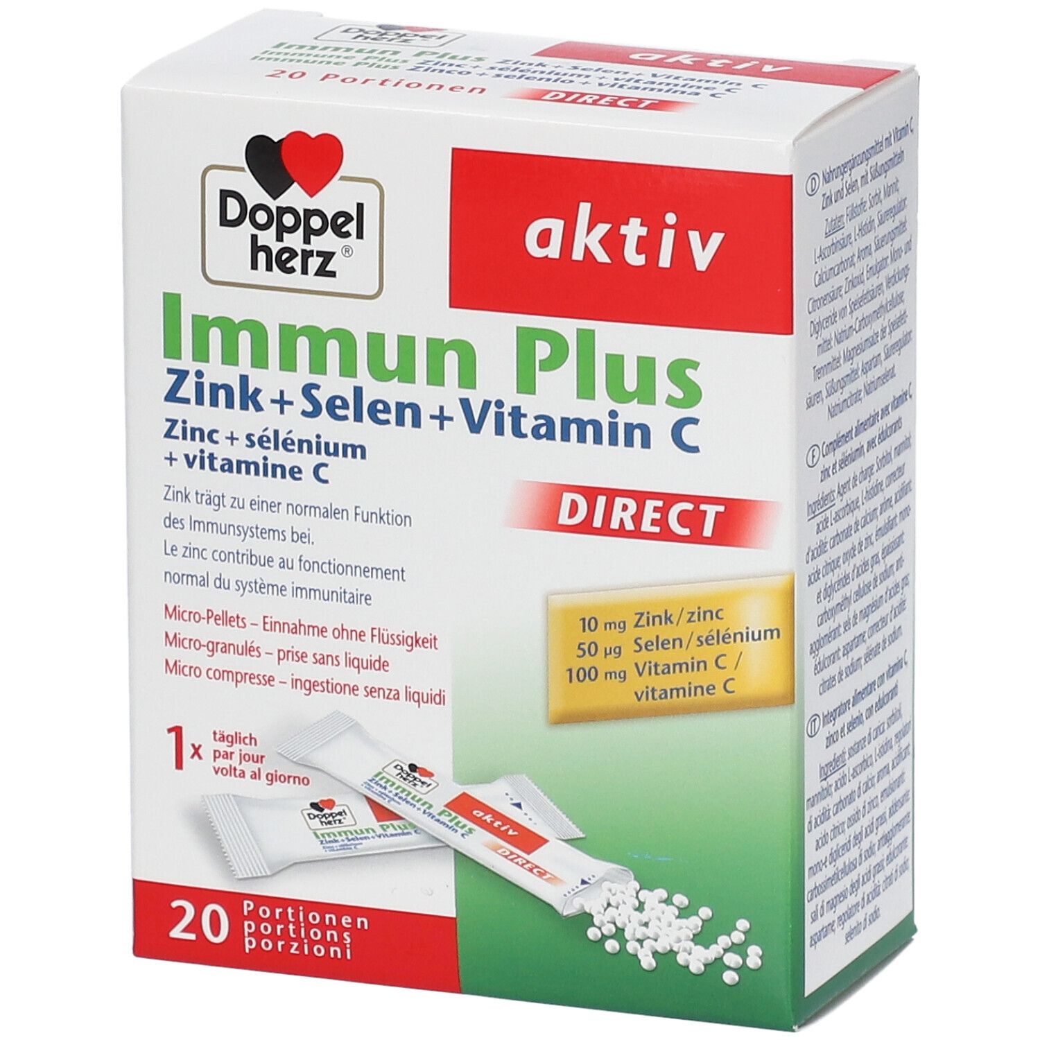 Boîte de Doppelherz aktiv Immun Plus DIRECT. Contient 20 portions. Nom du produit, ingrédients et dosage sont indiqués.