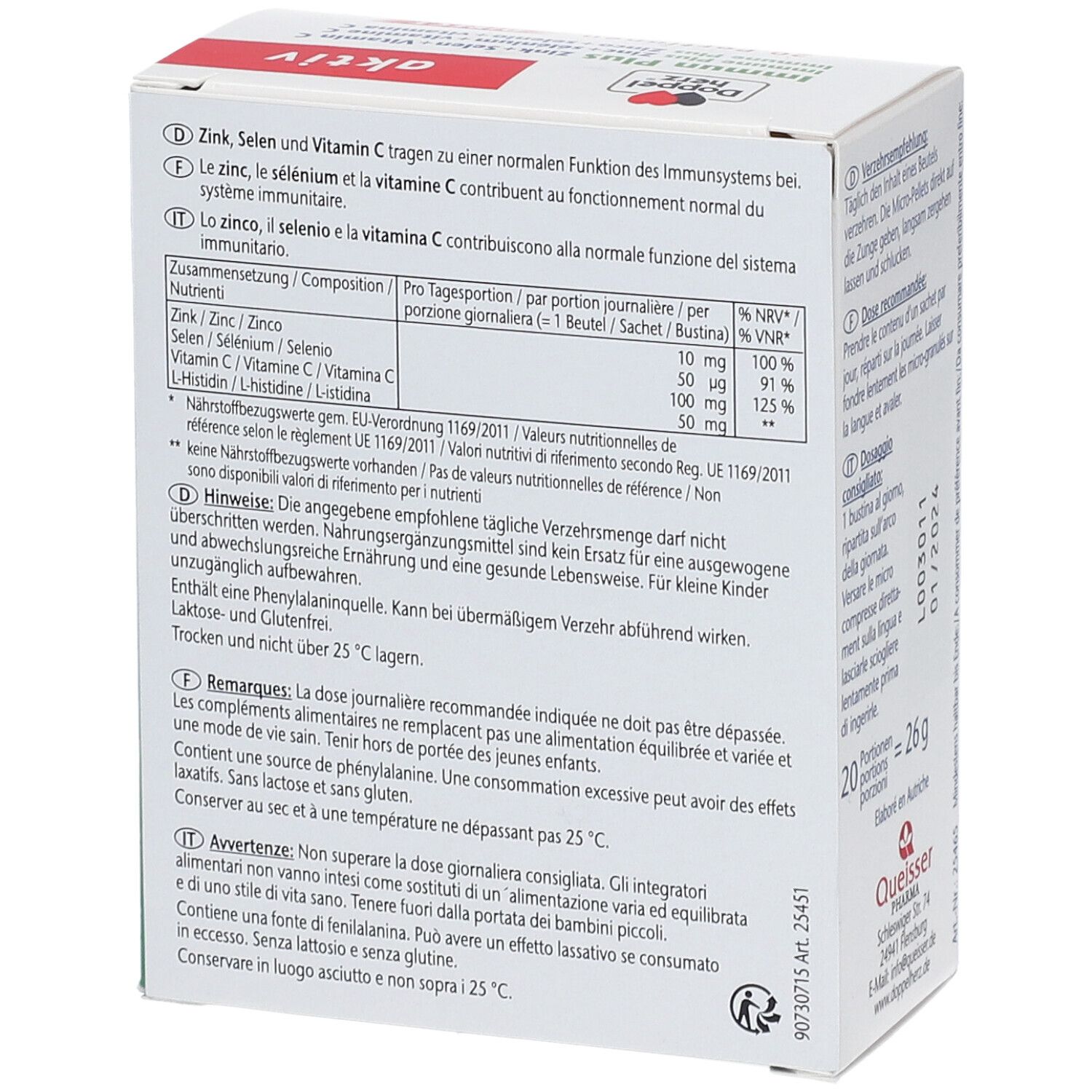 Dos de l'emballage de Doppelherz aktiv Immun Plus DIRECT. Contient des informations nutritionnelles et des avertissements.