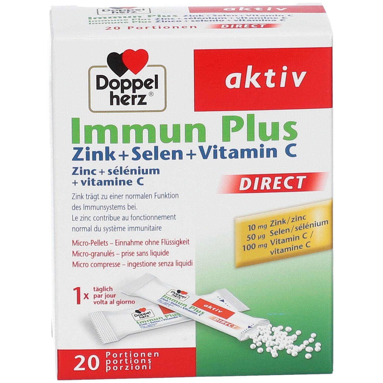 Boîte de Doppelherz aktiv Immun Plus DIRECT. Nom du produit, ingrédients et dosage sont indiqués. 20 portions.
