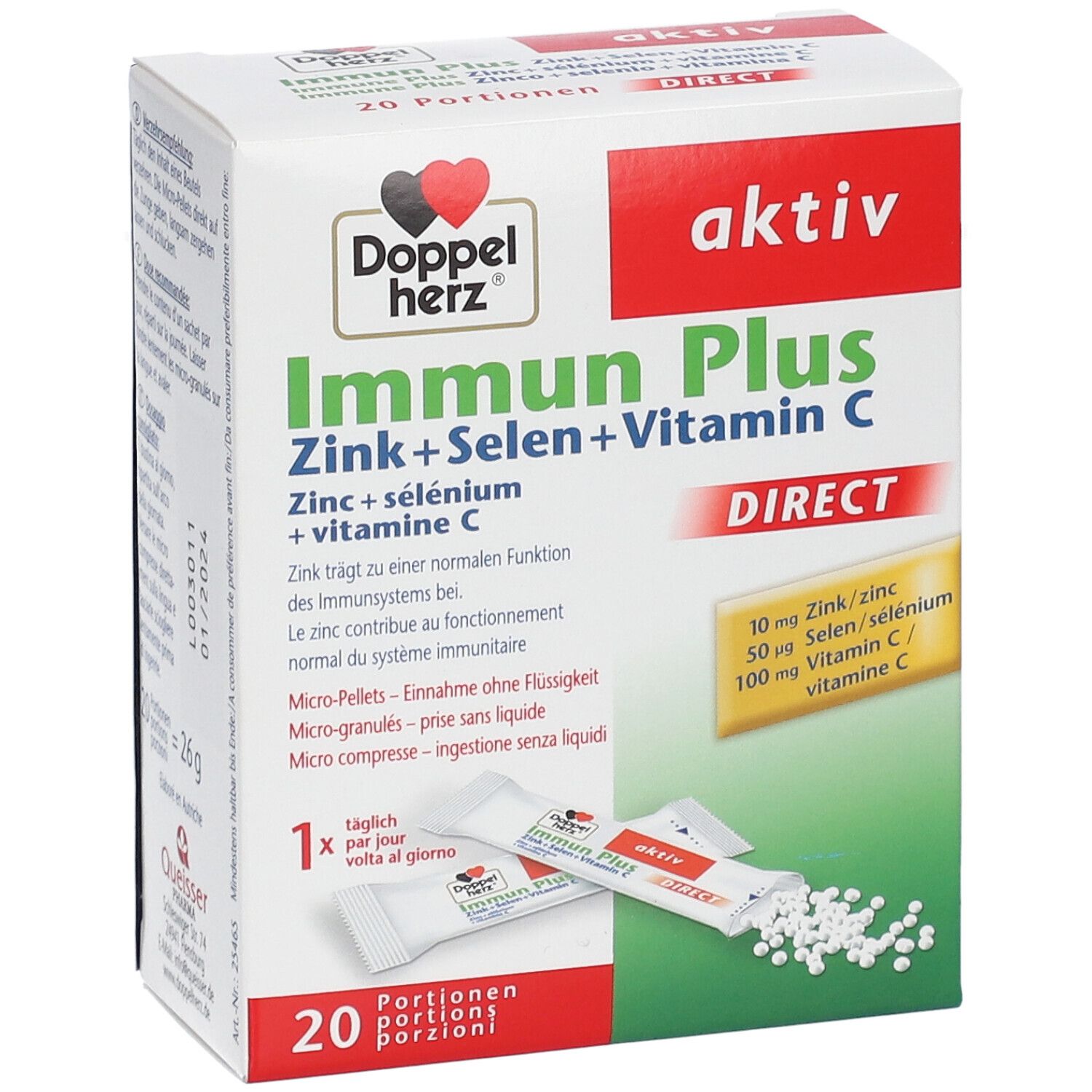 Boîte de Doppelherz aktiv Immun Plus DIRECT. Nom du produit, ingrédients et dosage sont indiqués. 20 portions.