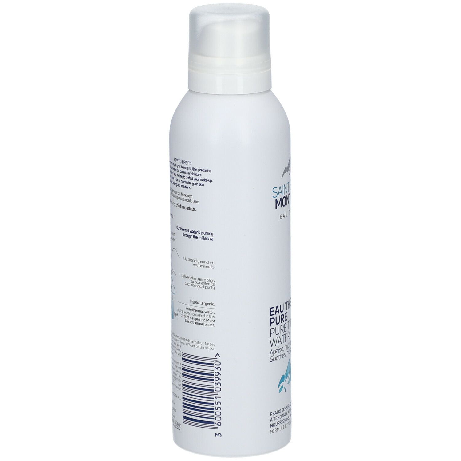 Weißes Spray, Seitenansicht. Text: Eau Thermale Pure Thermal Water. Barcode und Produktinformationen.