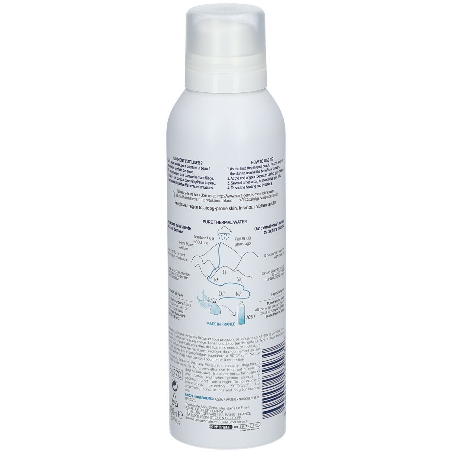 Weißes Spray, Rückansicht. Text: Eau Thermale Pure Thermal Water. Produktinformationen und Anweisungen.