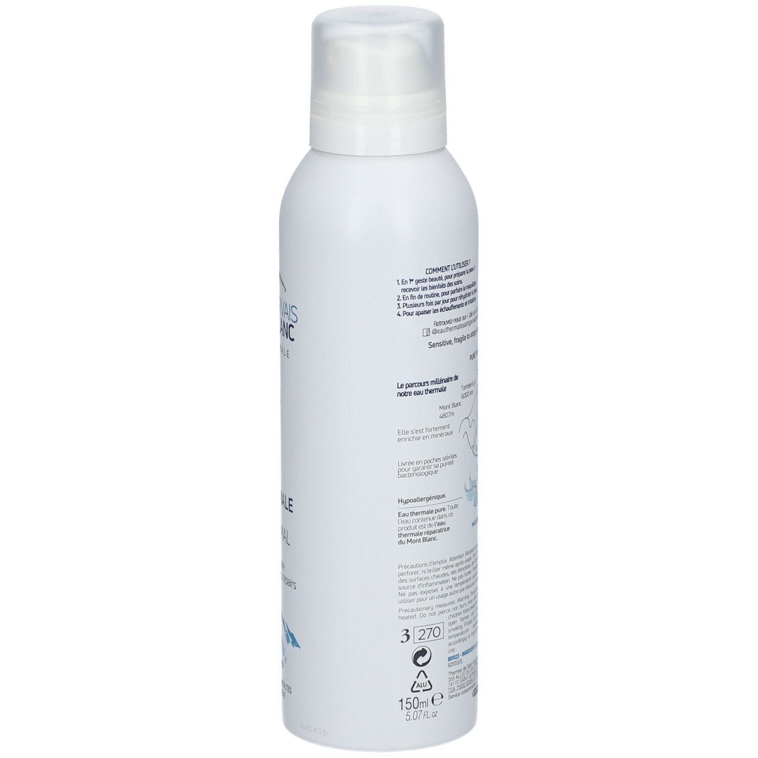 Weißes Spray, Rückansicht. Text: Eau Thermale Pure Thermal Water. Produktinformationen und Anweisungen.