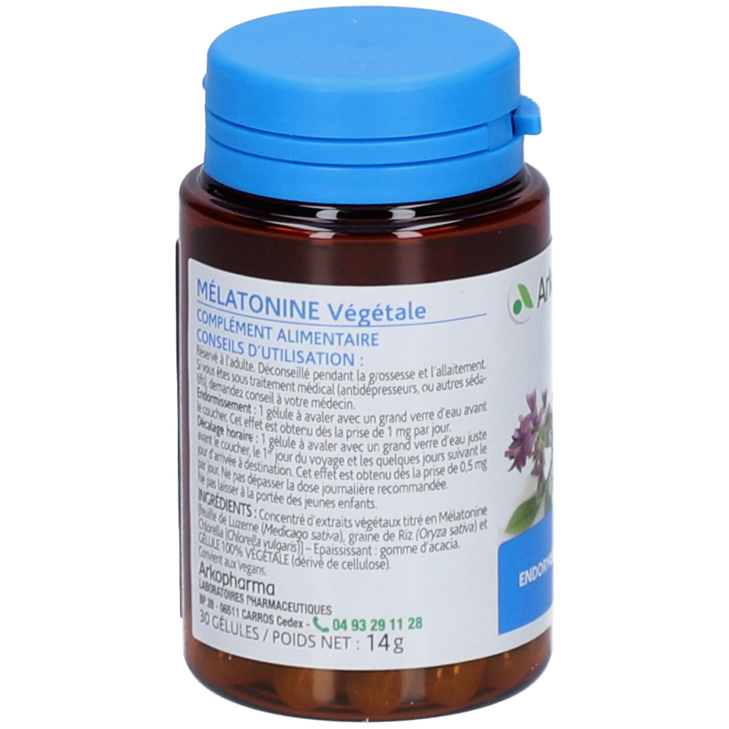 Dos du flacon marron avec bouchon bleu. Informations produit et ingrédients. Texte: Mélatonine Végétale, 30 Gélules.