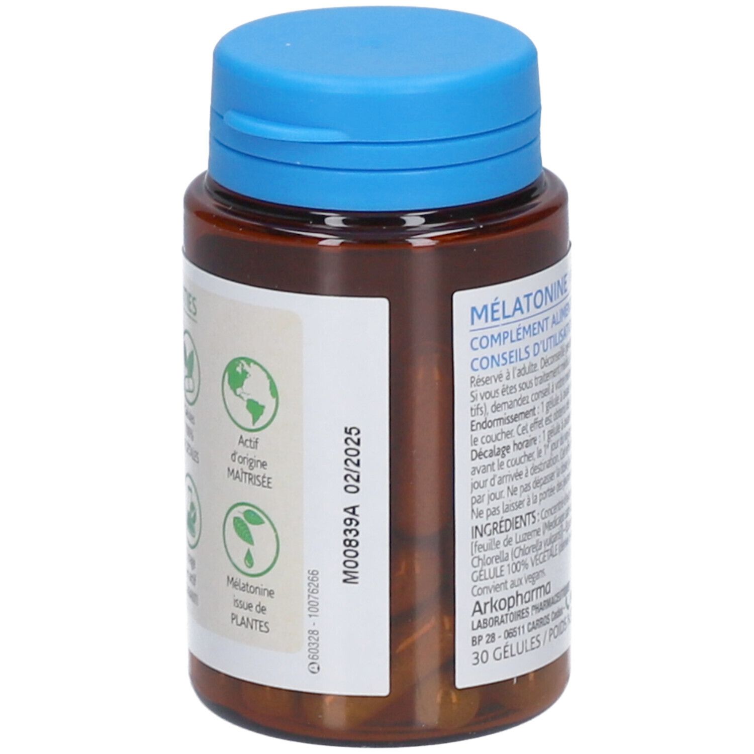 Flacon marron avec bouchon bleu. Étiquette avec informations produit. Texte: Mélatonine issue de plantes, 30 Gélules.
