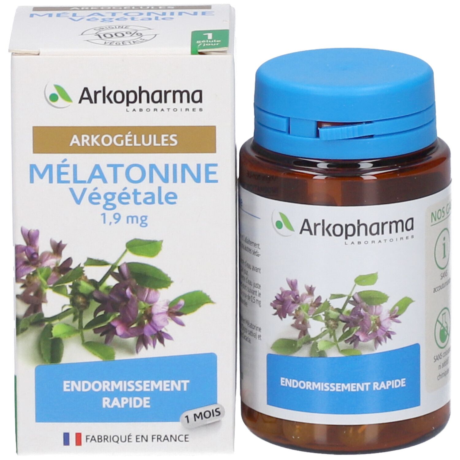 Emballage produit et flacon. Boîte avec nom du produit et flacon avec bouchon bleu. Texte: Arkogélules, Endormissement Rapide.
