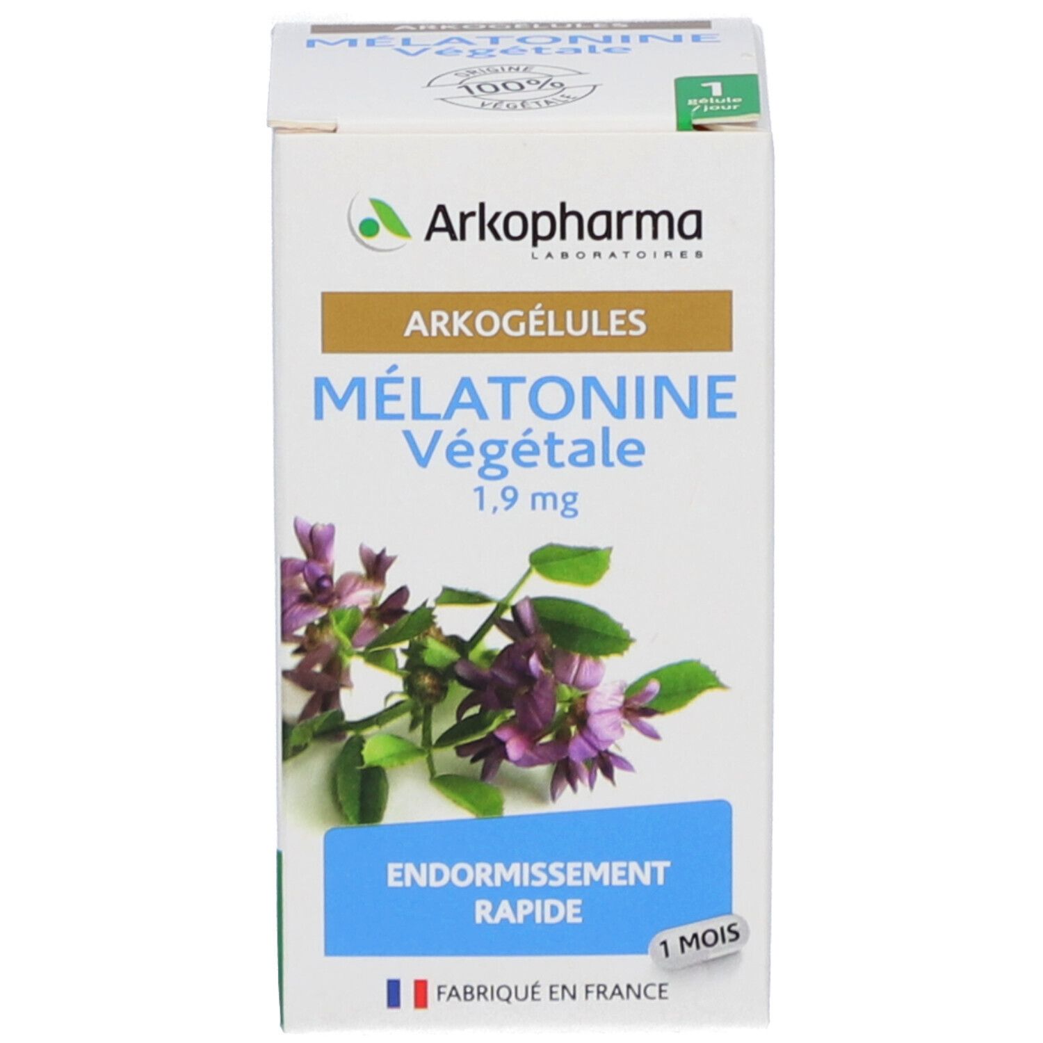 Emballage produit. Boîte avec nom du produit et illustration. Texte: Arkogélules, Mélatonine Végétale, Endormissement Rapide.