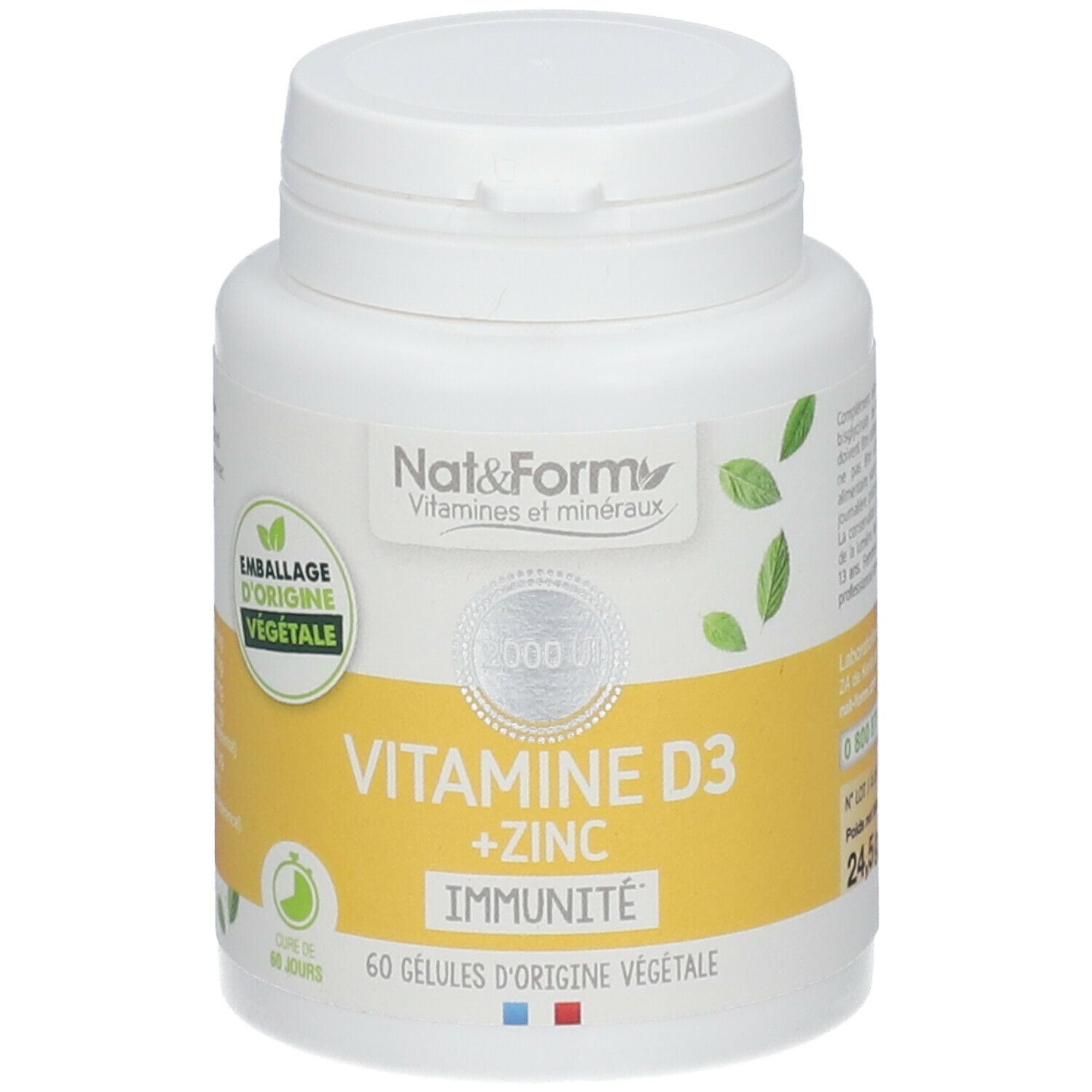 Weiße Flasche mit gelbem Etikett. Aufschrift: VITAMINE D3 + ZINC, IMMUNITÉ. 60 Kapseln. Marke: Nat&Form.