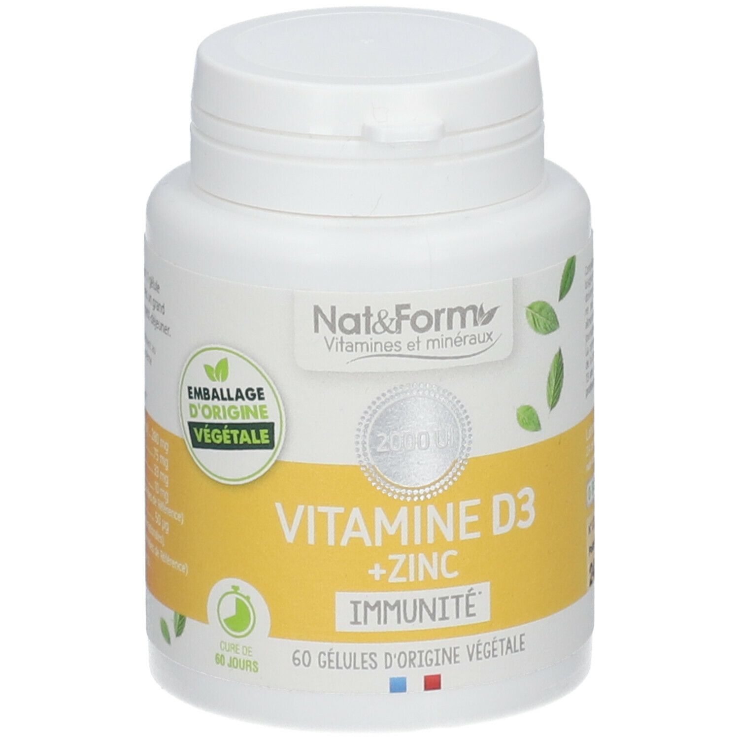 Weiße Flasche mit gelbem Etikett. Aufschrift: VITAMINE D3 + ZINC, IMMUNITÉ. 60 Kapseln. Marke: Nat&Form. 2000 UI.