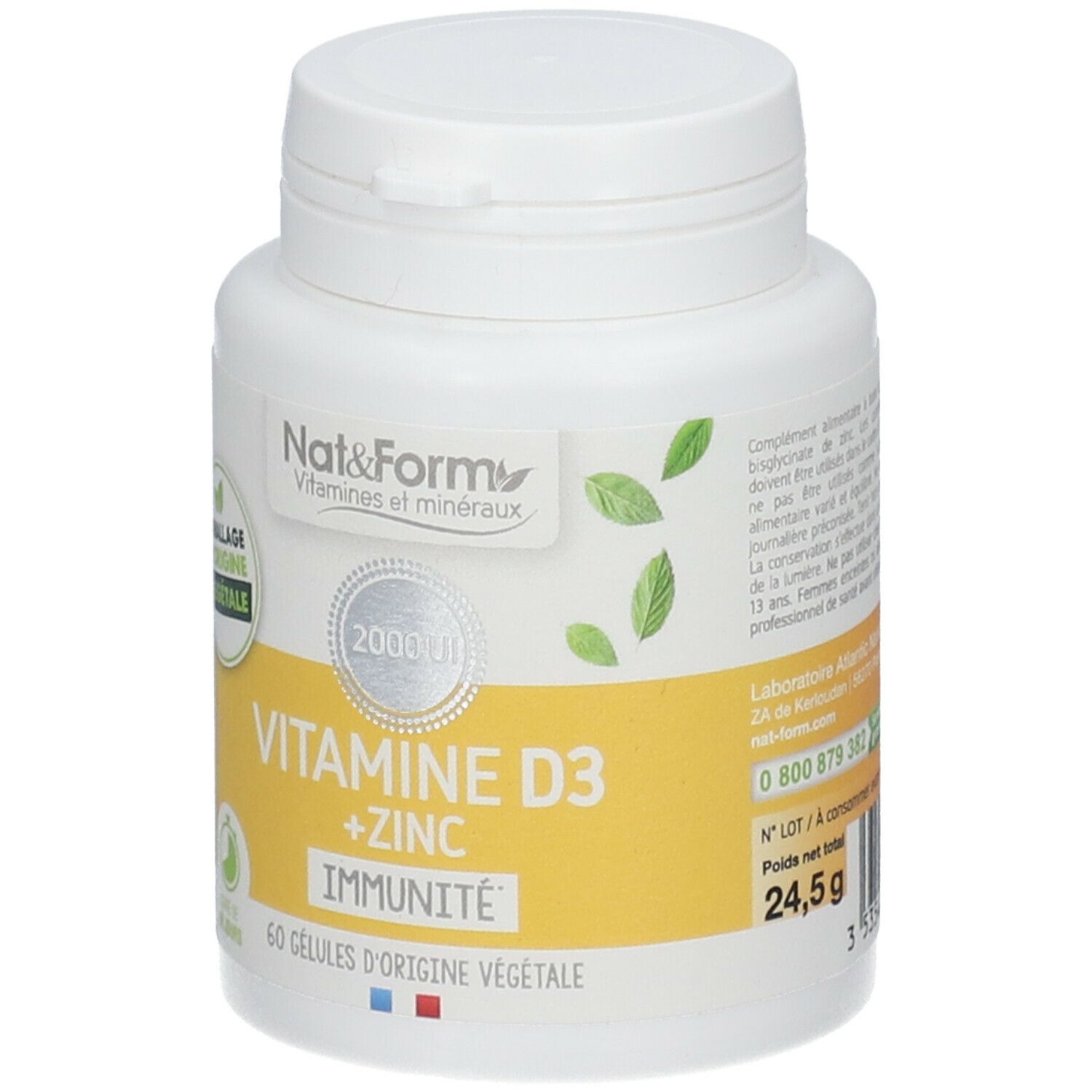 Weiße Flasche mit gelbem Etikett. Aufschrift: VITAMINE D3 + ZINC, IMMUNITÉ. 60 Kapseln. Marke: Nat&Form. 2000 UI.