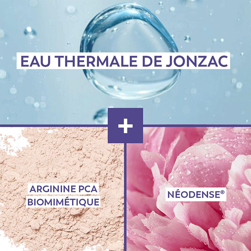 Komposition mit Wasser, Pulver und Blüte. Text: Eau Thermale de Jonzac, Arginine PCA, Néodense.