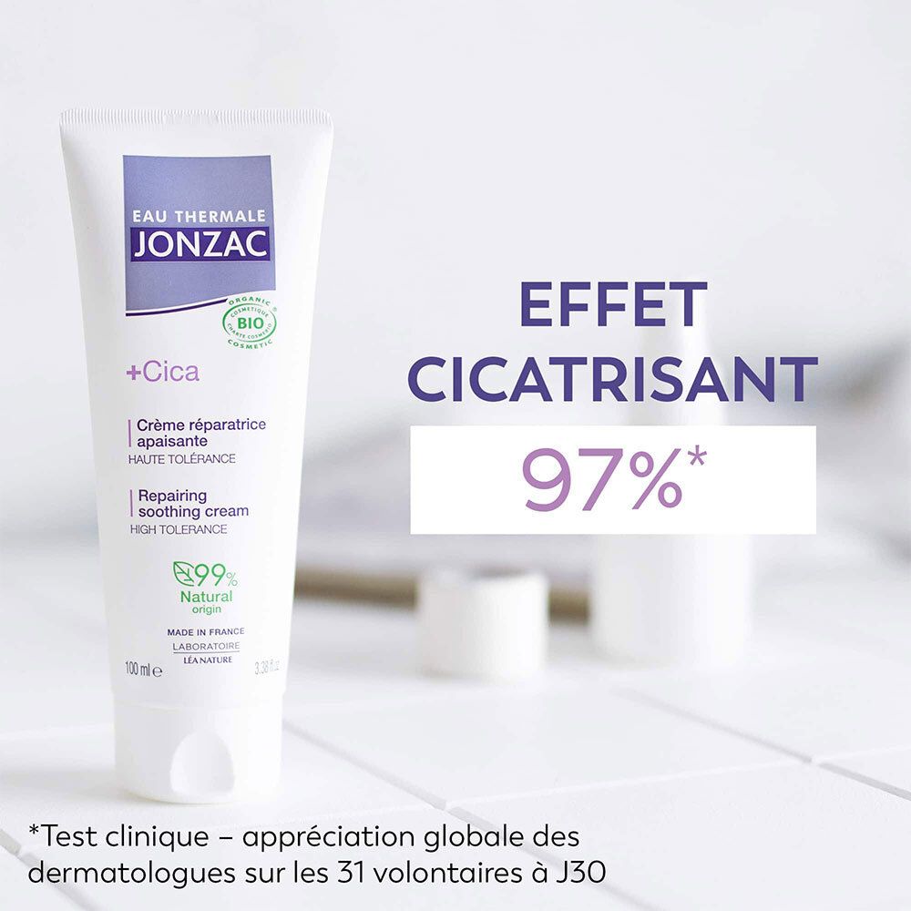 Werbebild mit Tube und Text: Effet cicatrisant, 97%. Kleingedruckter Text: Test klinisch.