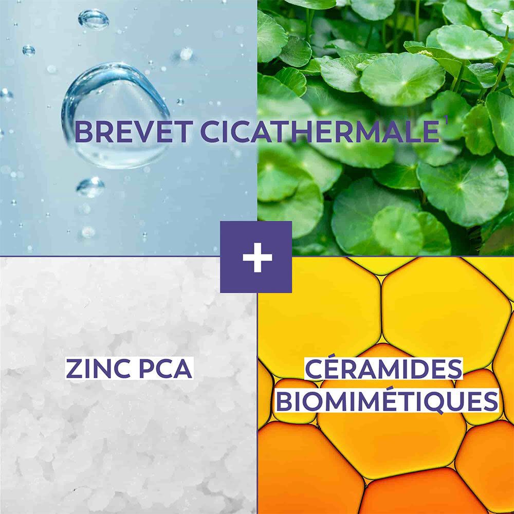 Collage aus vier Elementen: Wassertropfen, grüne Blätter, Zink PCA und Keramide biomimétiques.