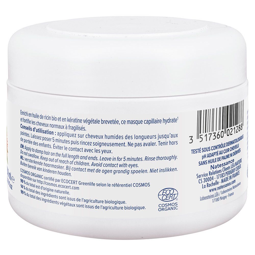 Dos du pot blanc. Texte: conseils d'utilisation, ingrédients, coordonnées. Avec label COSMOS ORGANIC.