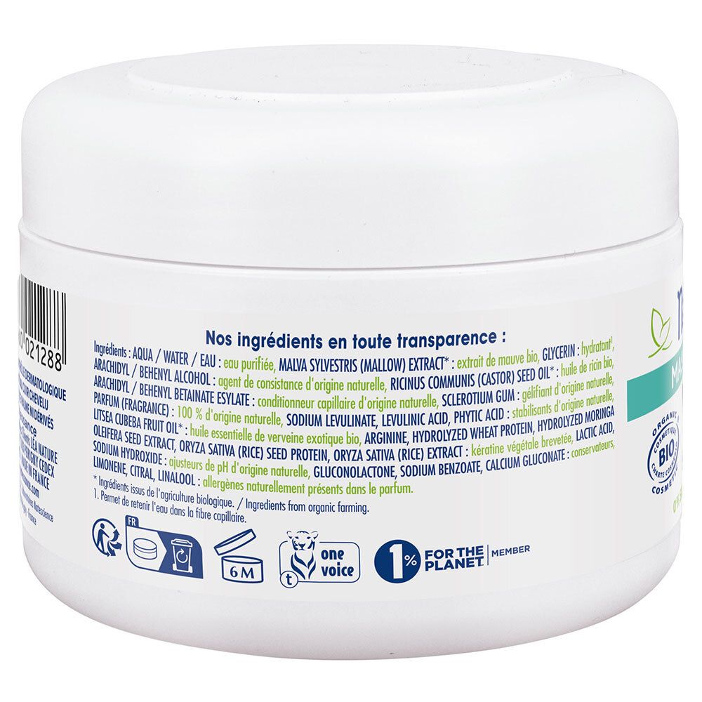 Dos du pot blanc. Texte: ingrédients, symbole 6M, logo 1% for the planet, label COSMOS ORGANIC.
