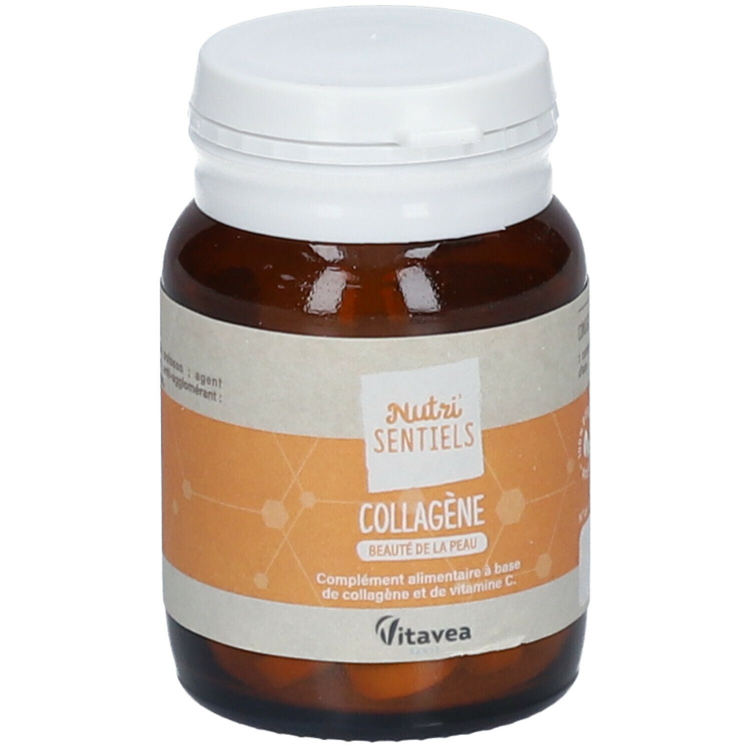 Flacon brun avec bouchon blanc. Étiquette avec nom du produit et ingrédients. Logo Vitavea.