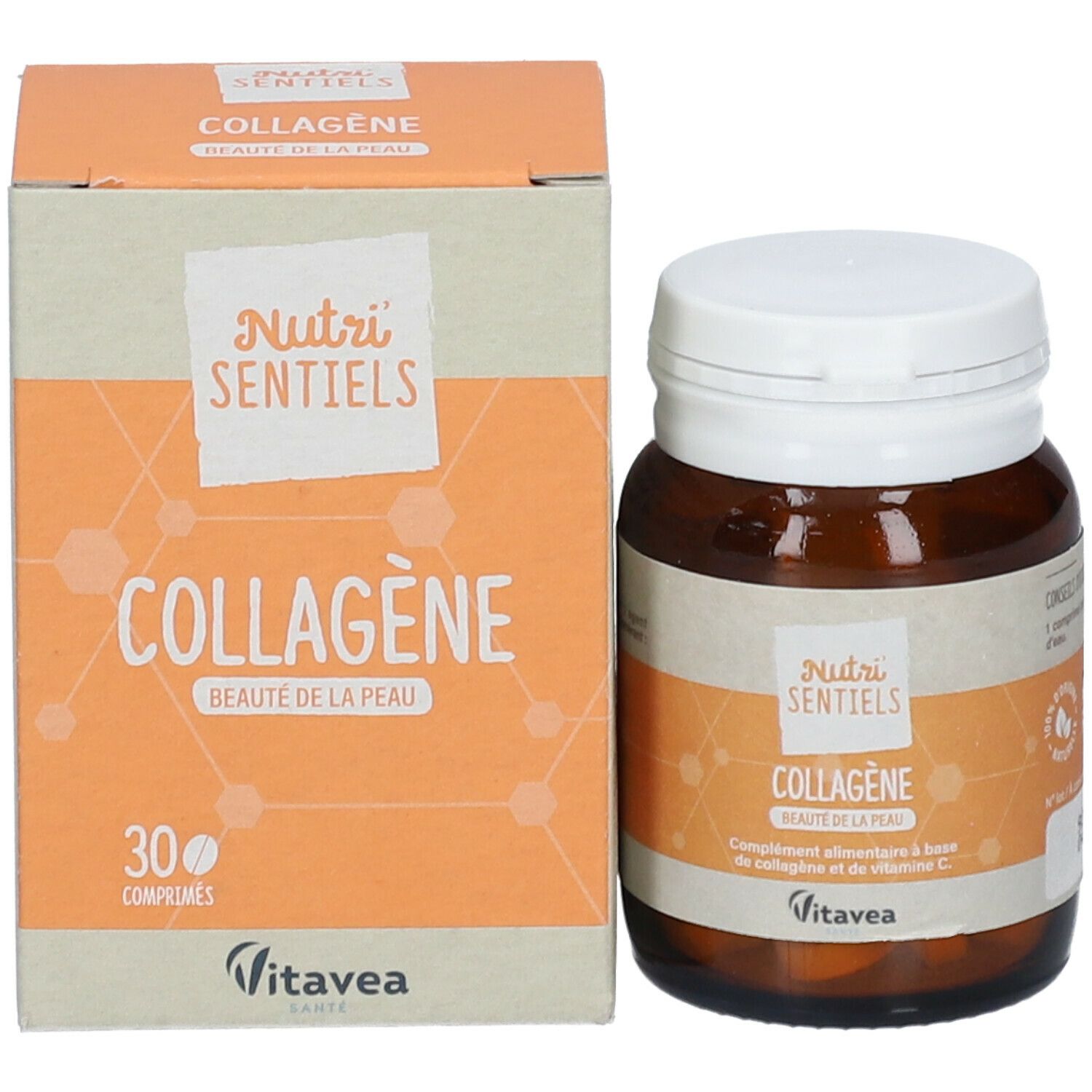 Flacon et emballage du produit. Boîte orange avec nom du produit et nombre de comprimés. Logo Vitavea.
