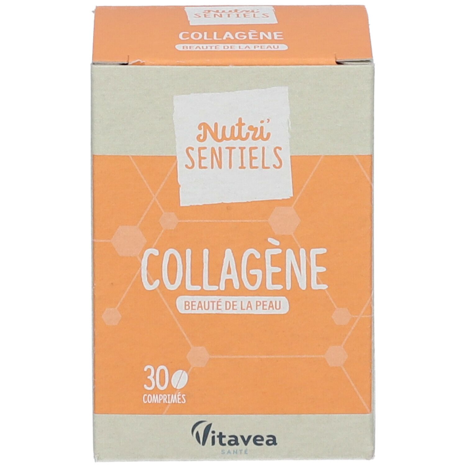Emballage du produit orange. Nom du produit et nombre de comprimés. Logo Vitavea.