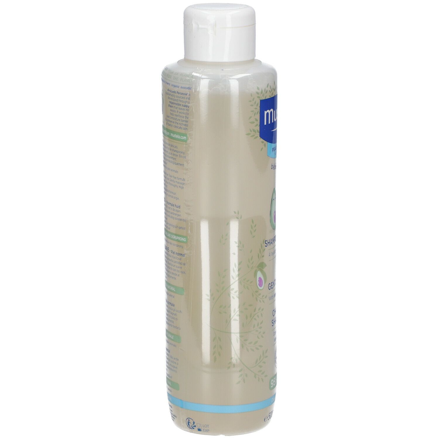 Mustela Shampoo-Flasche, Seitenansicht, weißer Deckel, Text und Illustrationen auf dem Etikett.