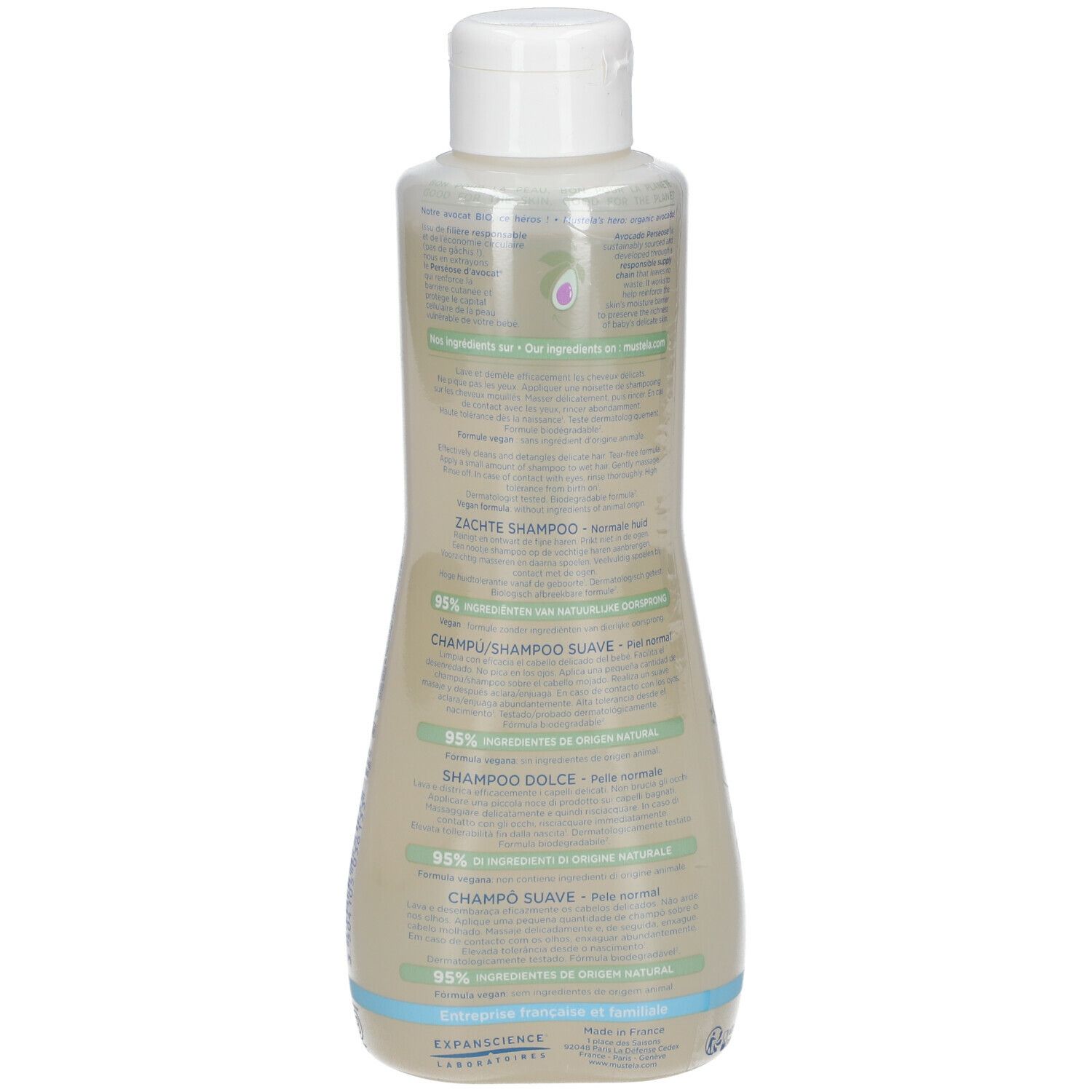 Mustela Shampoo-Flasche, Rückseite, Text und Illustrationen auf dem Etikett, weißer Deckel.
