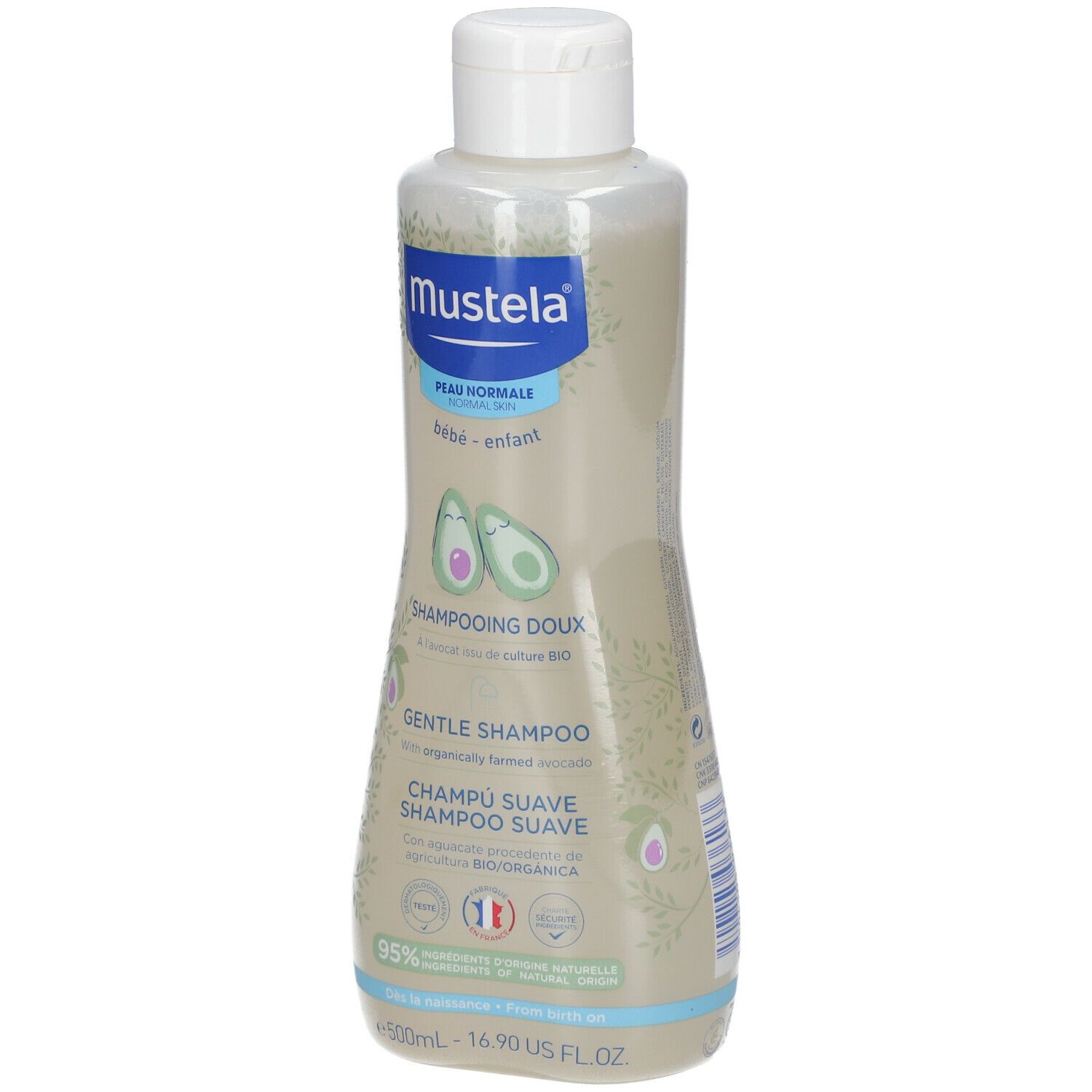 Mustela Shampoo-Flasche, weißer Deckel, Avocado-Illustrationen, Text: Peau Normale, Bébé-Enfant, 500ml.