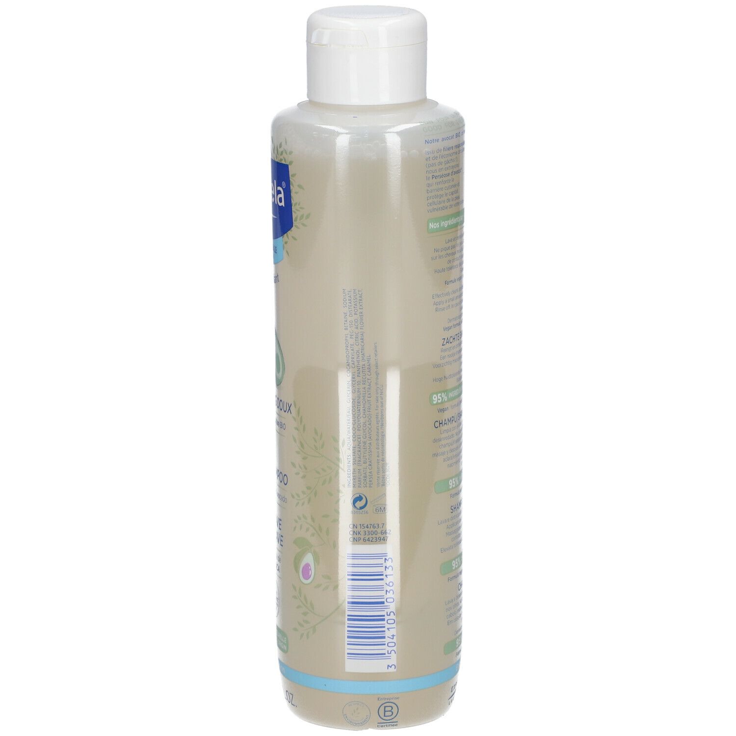 Mustela Shampoo-Flasche, Seitenansicht, weißer Deckel, Text und Illustrationen auf dem Etikett.