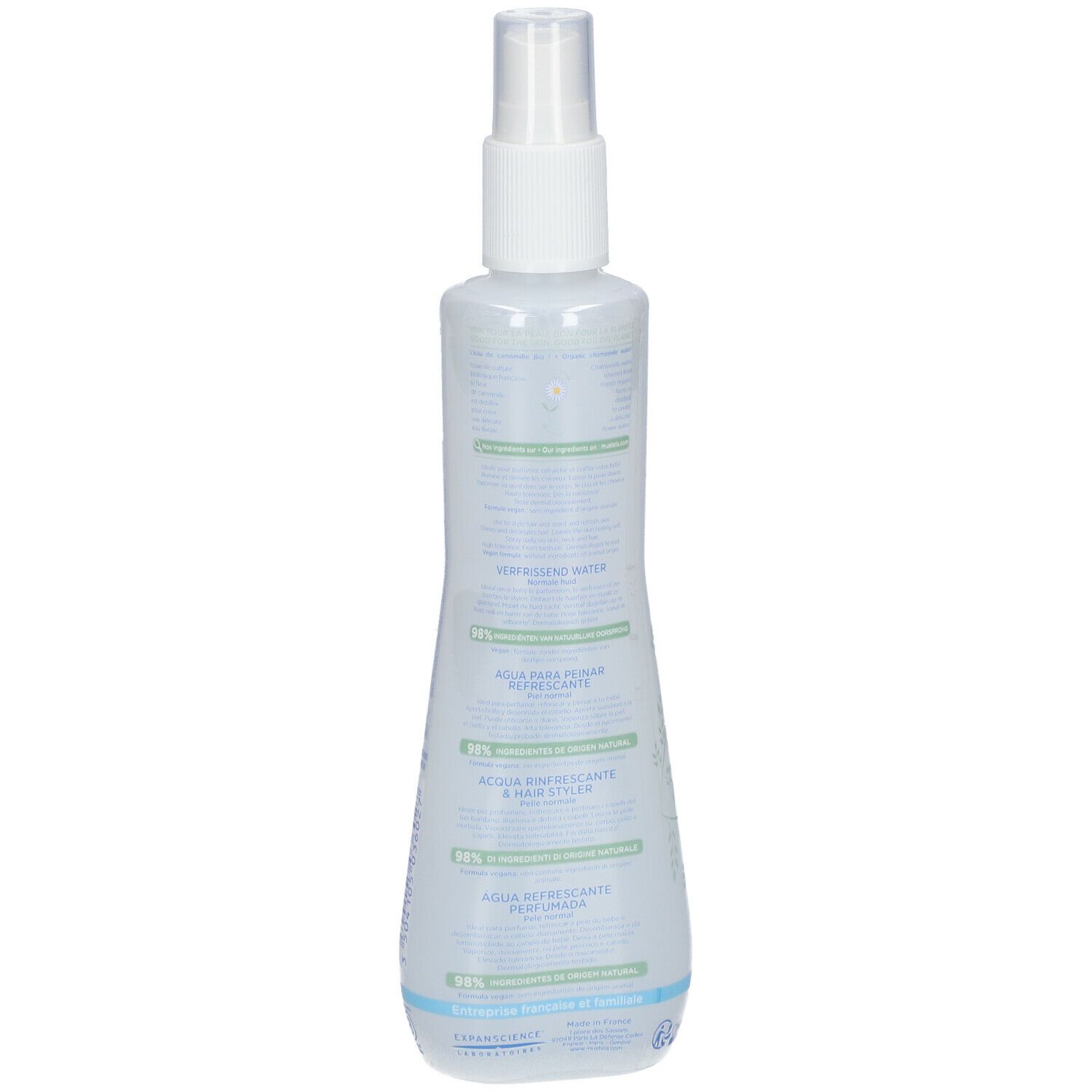 Rückansicht der Mustela Flasche. Text in mehreren Sprachen. Aufschrift: Eau Rafraîchissante et Coiffante, Hair Styler & Skin Freshener. Inhaltsangaben.