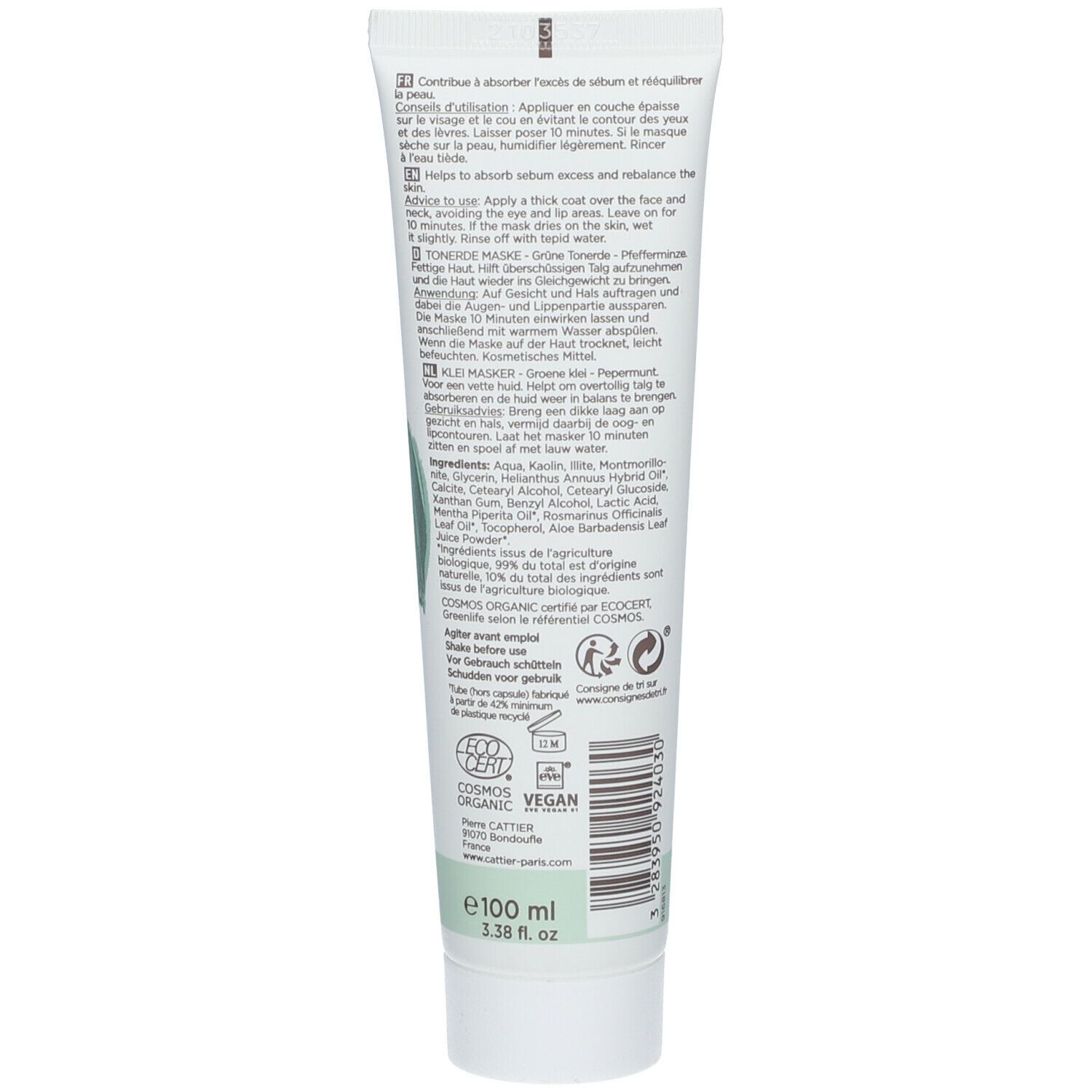 Dos du tube de masque à l'argile verte. Texte et logos. Certifications bio et vegan.