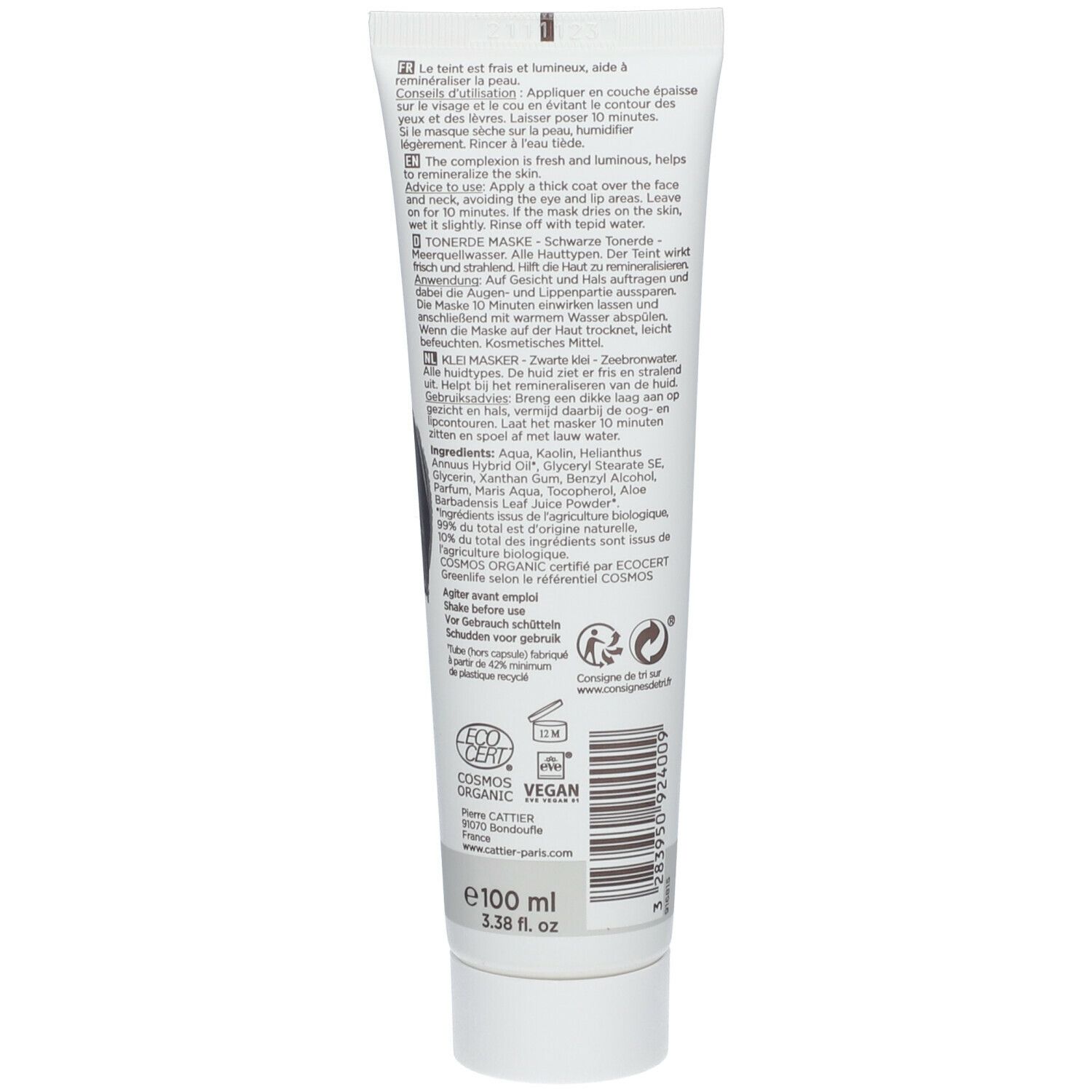 Rückseite der Tube. Text in mehreren Sprachen. Inhaltsstoffe. Bio-Zertifizierung. Vegan. 100 ml.