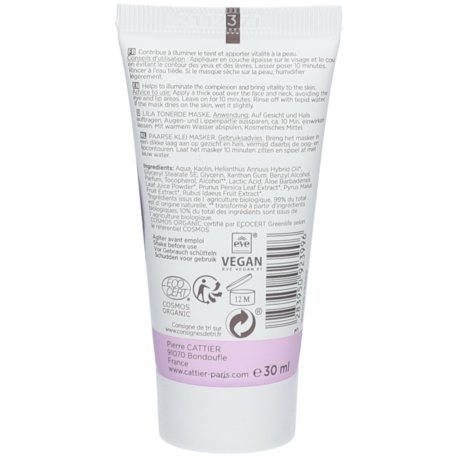 Dos du tube Cattier Masque à l'Argile Violette. Texte, ingrédients, certification bio, label Vegan et volume.