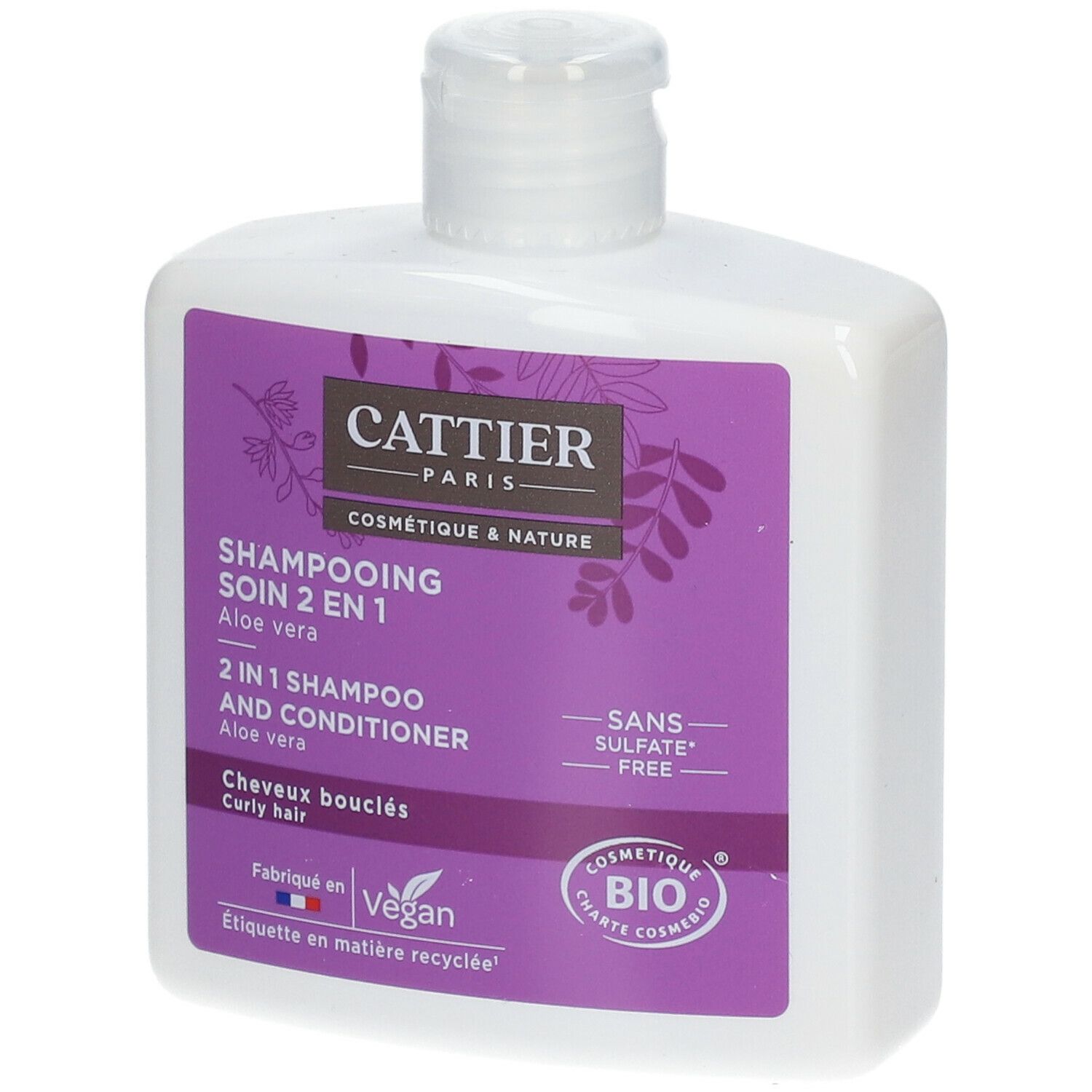 Flacon blanc avec étiquette violette. Texte: CATTIER, Shampooing Soin 2-en-1, 2 in 1 Shampoo and Conditioner, Cheveux bouclés, Vegan.